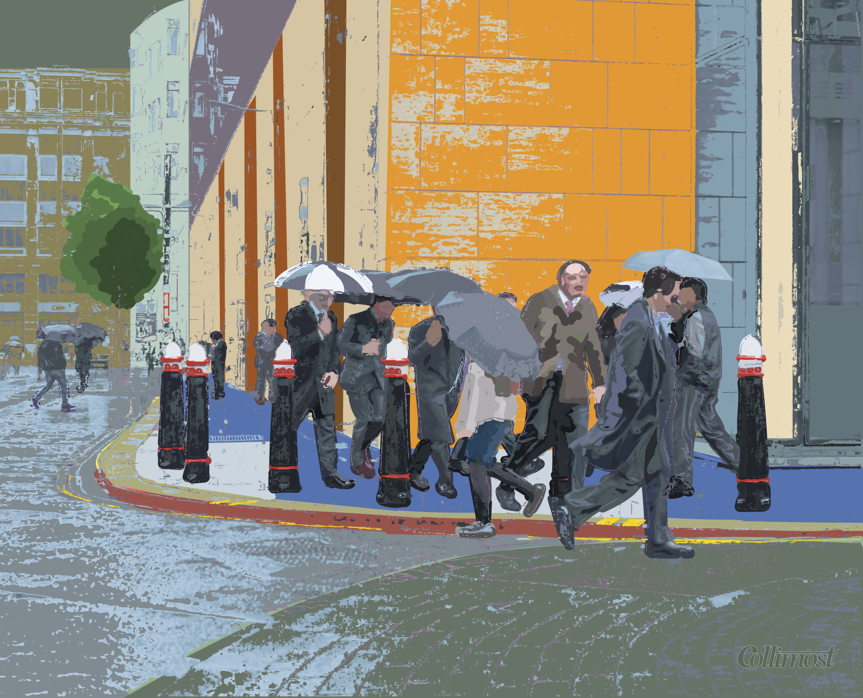 People with umbrellas walk on a rainy city street.