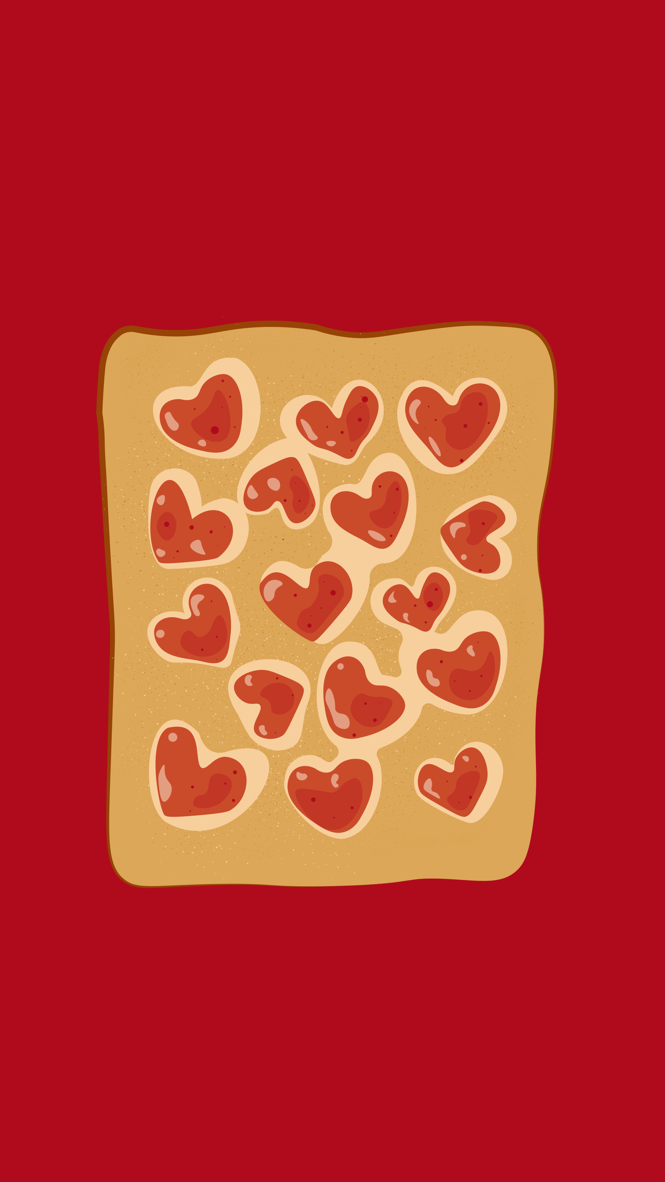 Heart shaped jam on toast against a red background