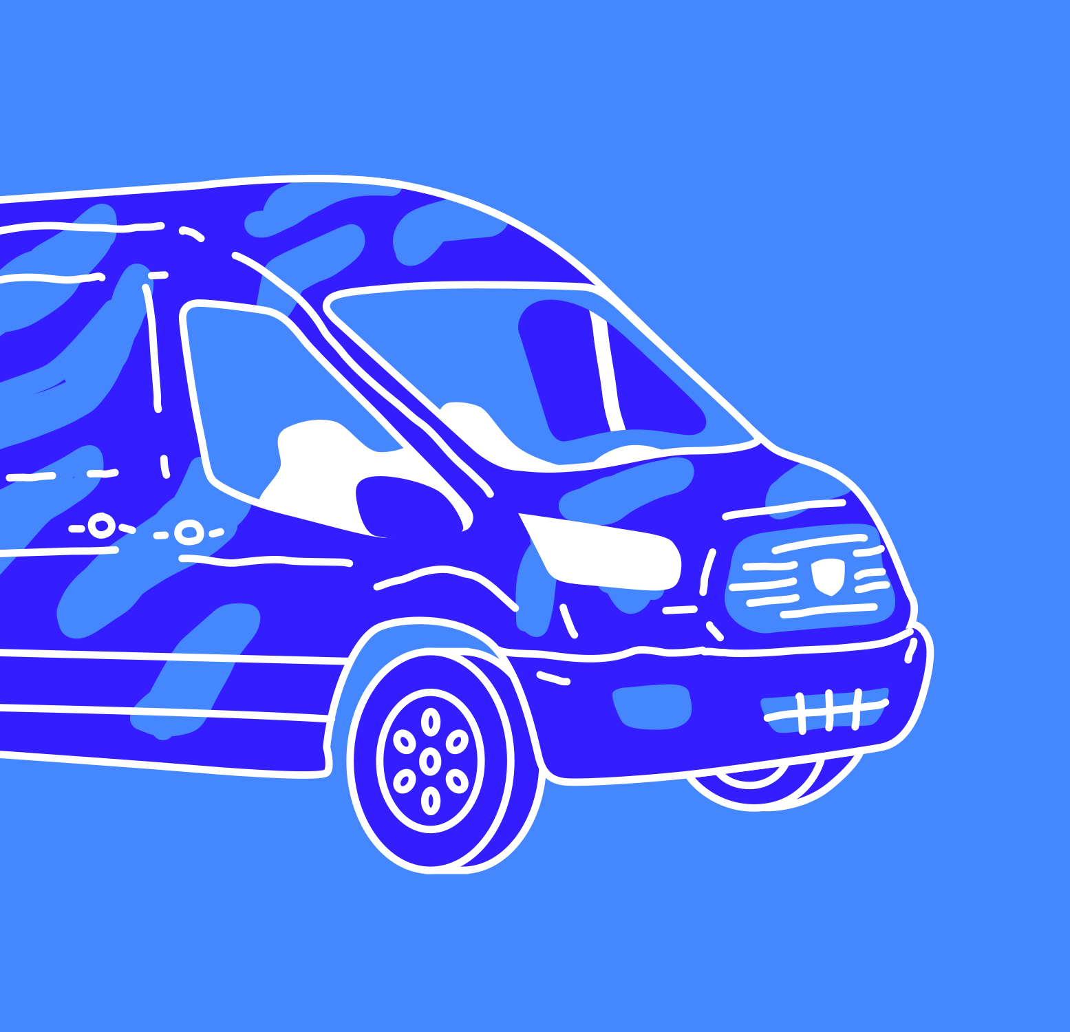 Un van bleu avec un motif de camouflage.