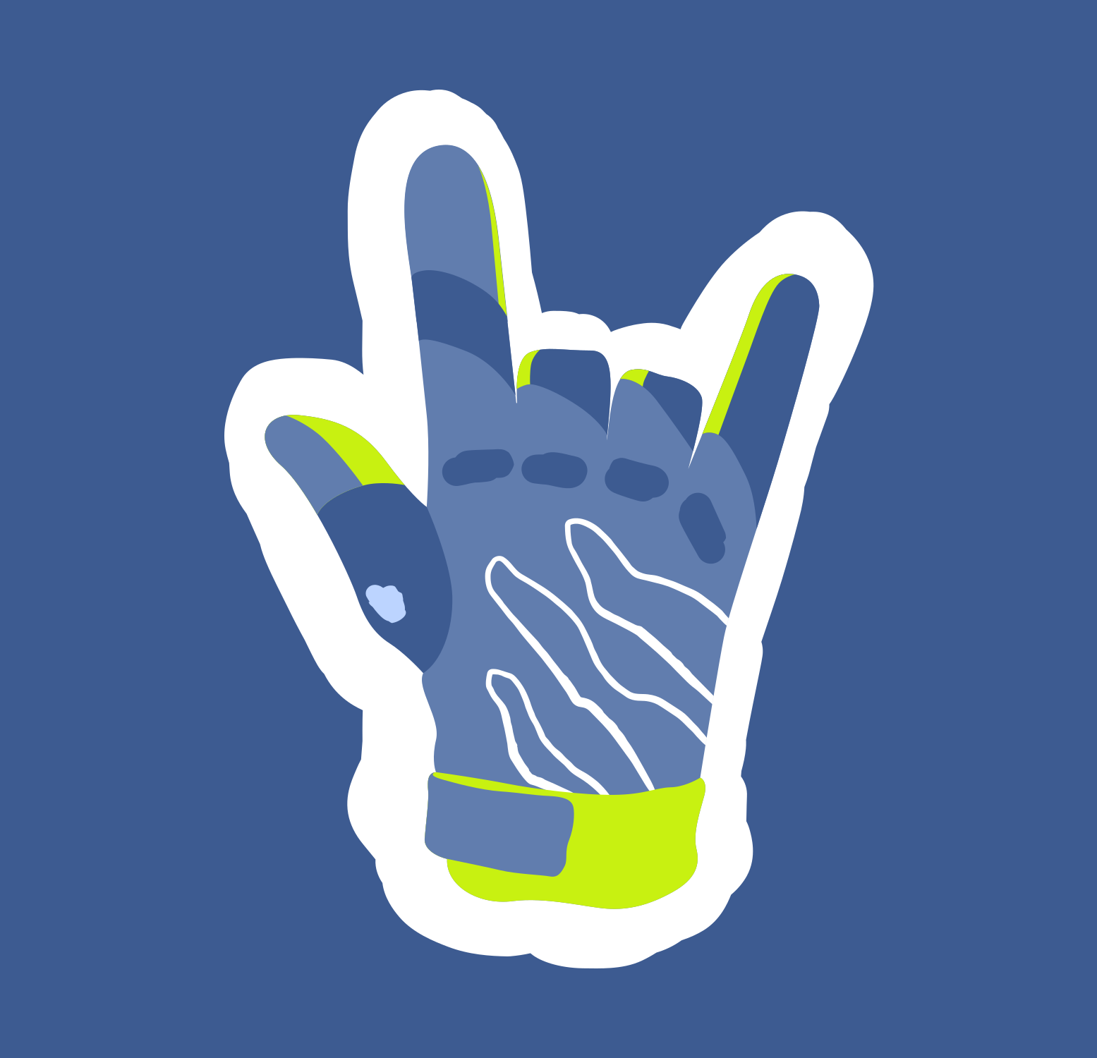 Ein blauer Handschuh macht eine Rock'n'Roll-Handbewegung