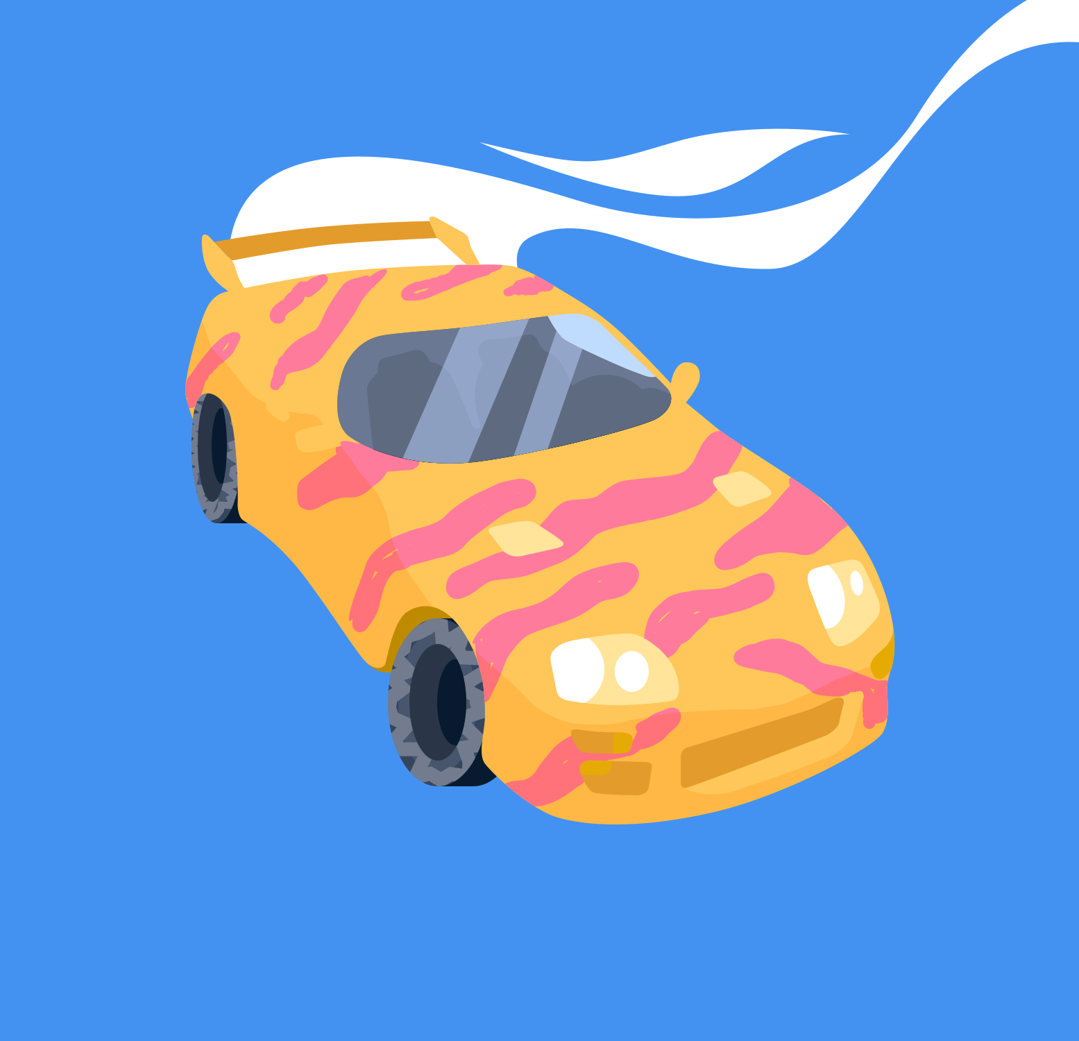 Mobil sport kuning dengan garis-garis merah muda melaju cepat.