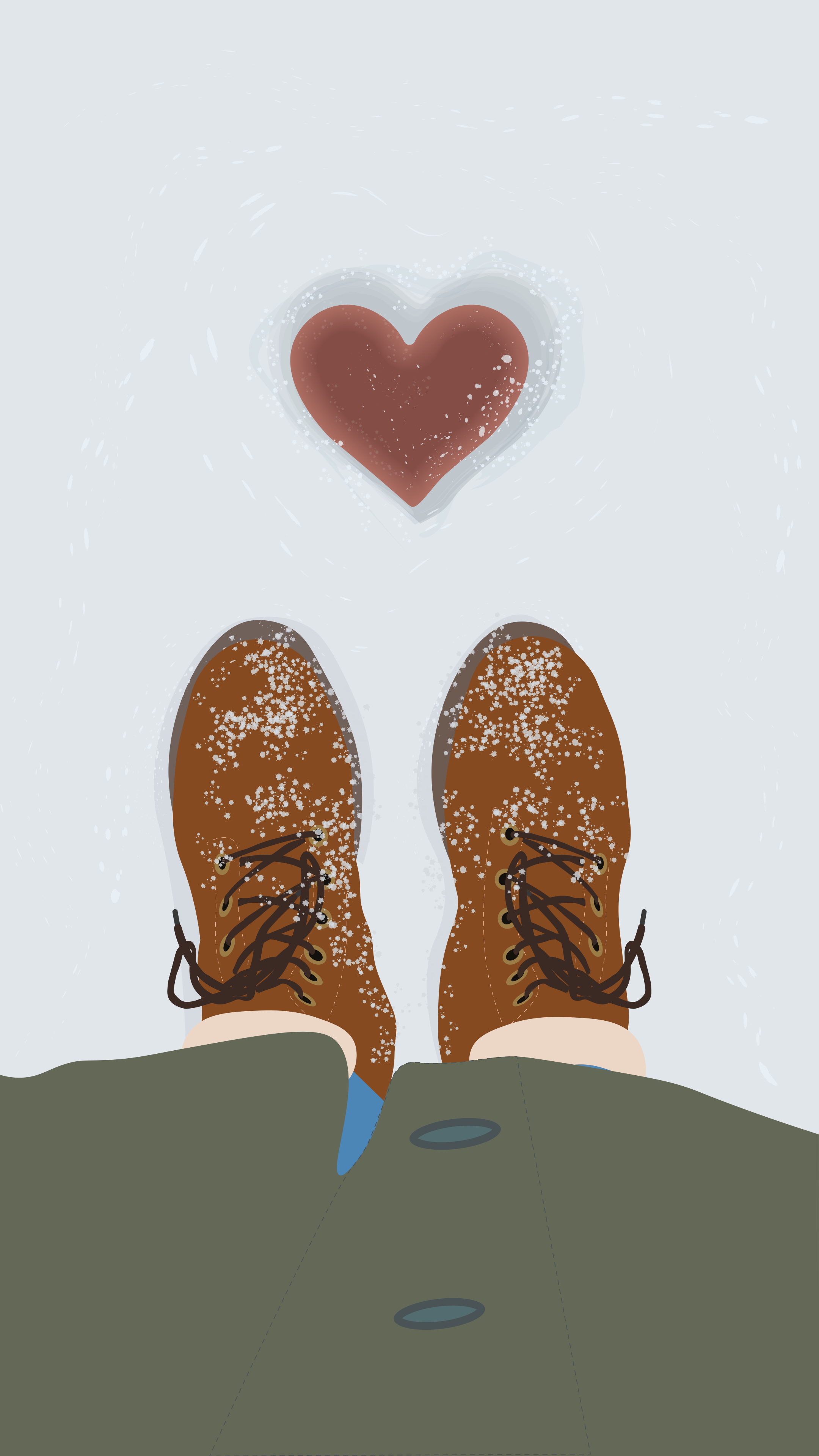 Brown boots in snow with a heart shape