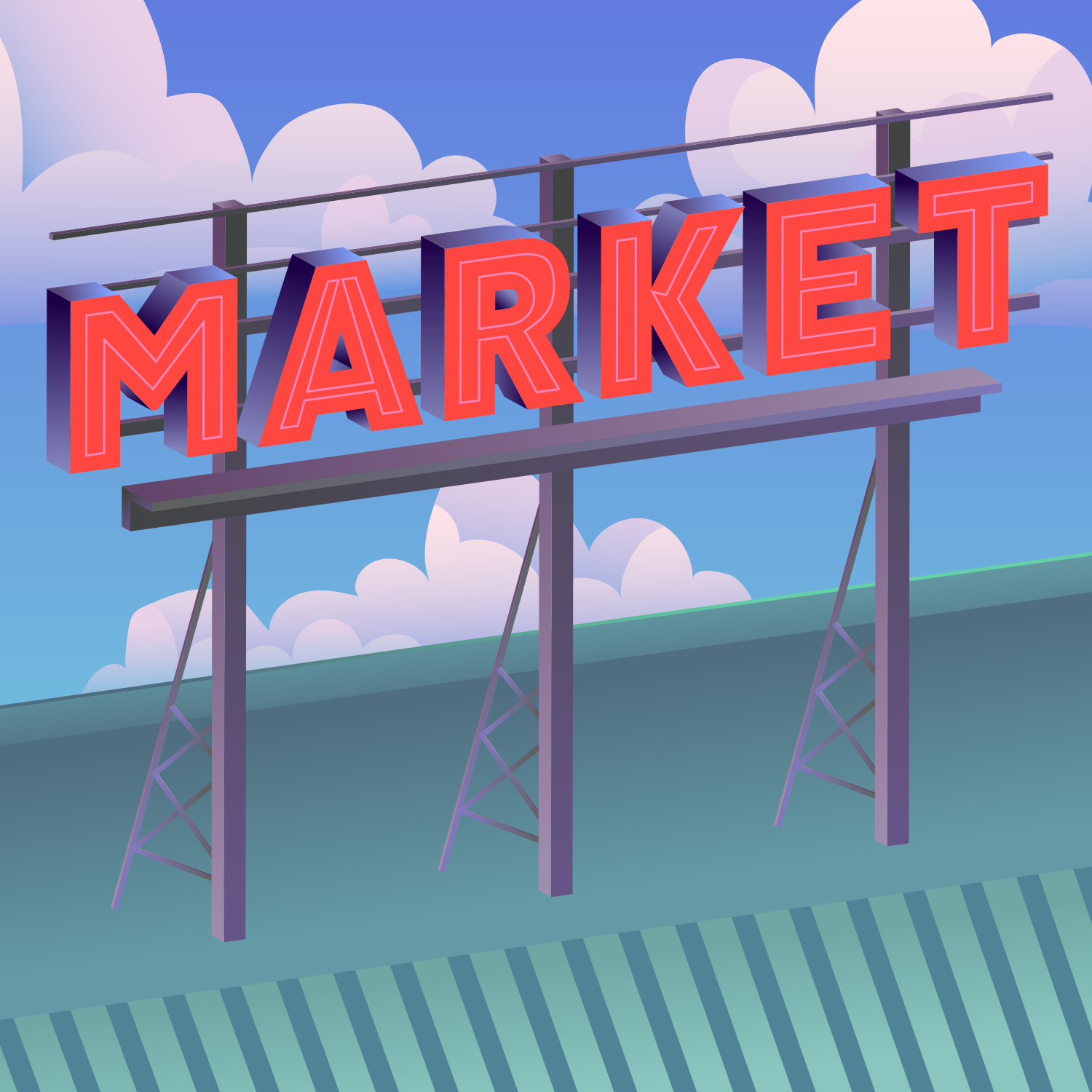 Cartella al neon del mercato contro un cielo nuvoloso