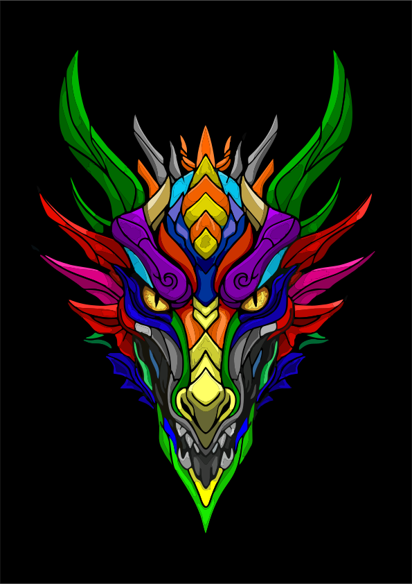 Colorful abstract dragon head with yellow eyes