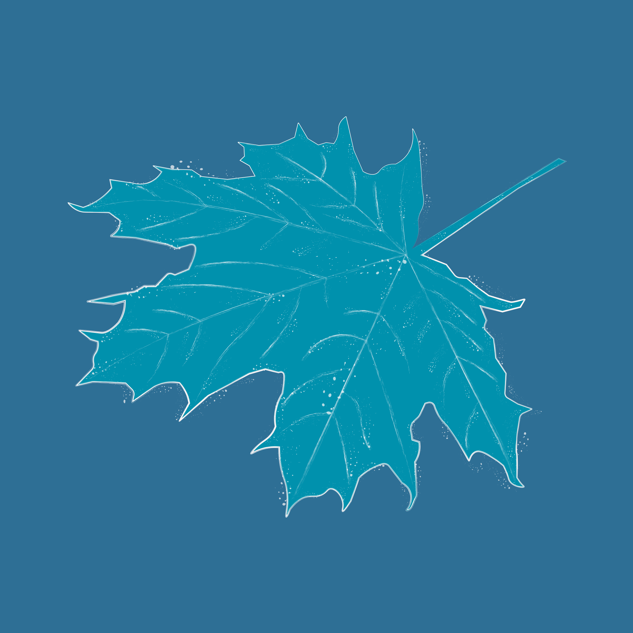 A blue maple leaf with white outline on blue background