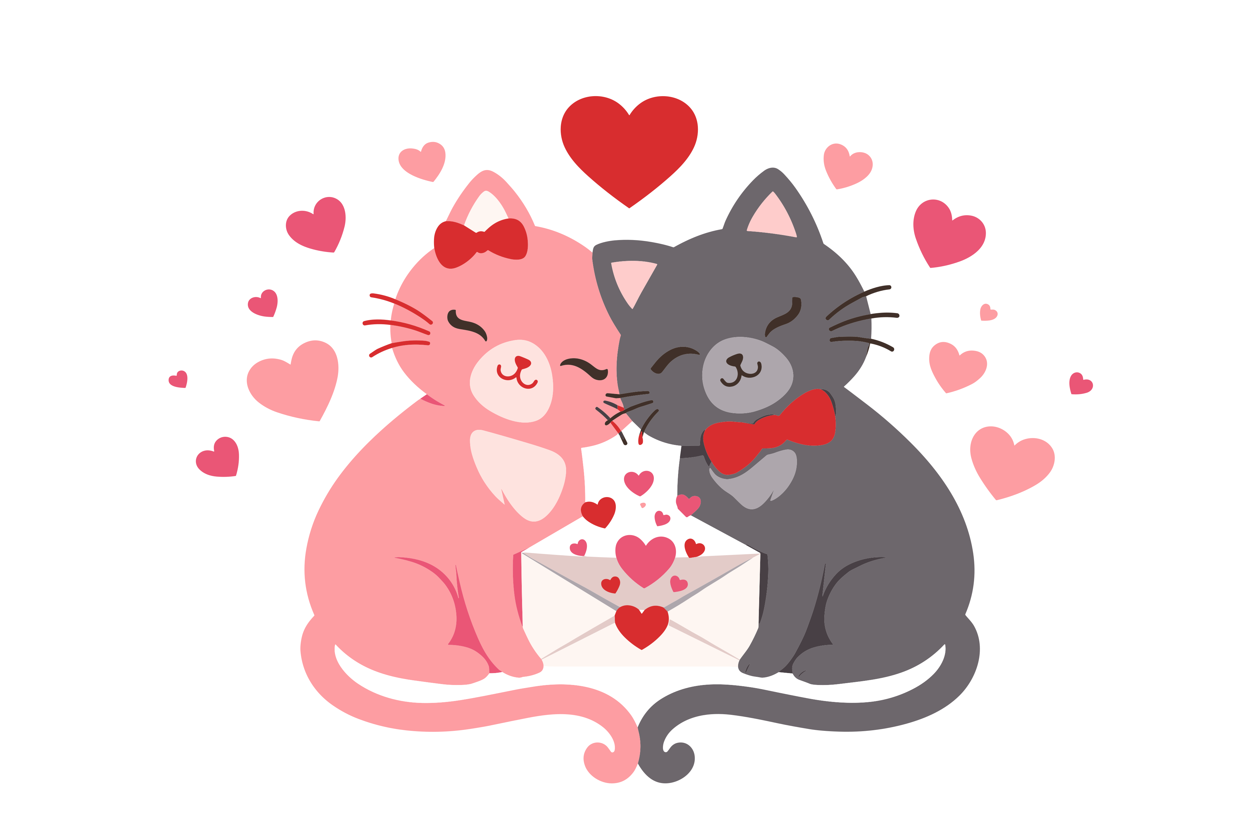 Two cats in love surrounded by hearts
