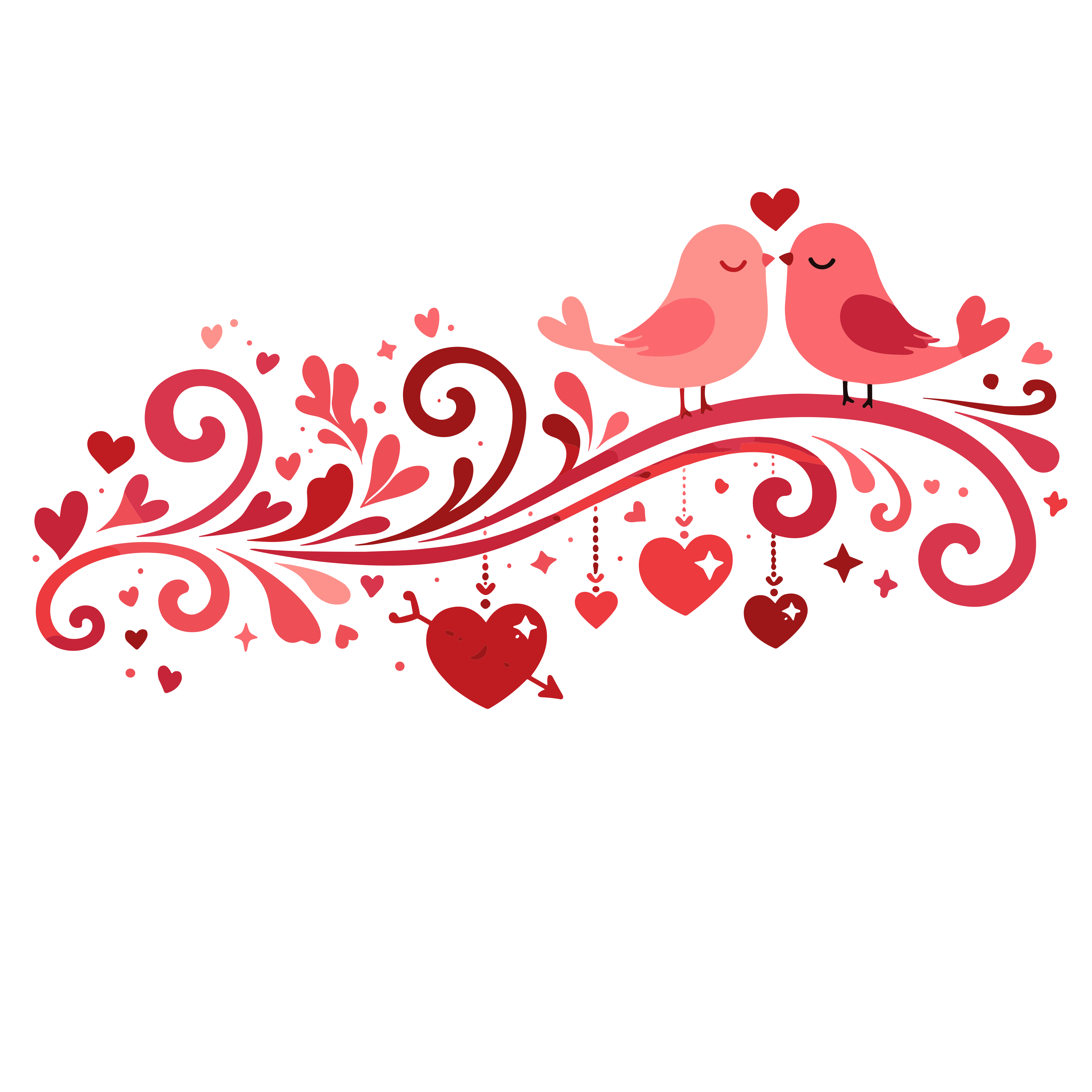 Zwei Vögel, die auf einem dekorativen Ast mit Herzen saßen.