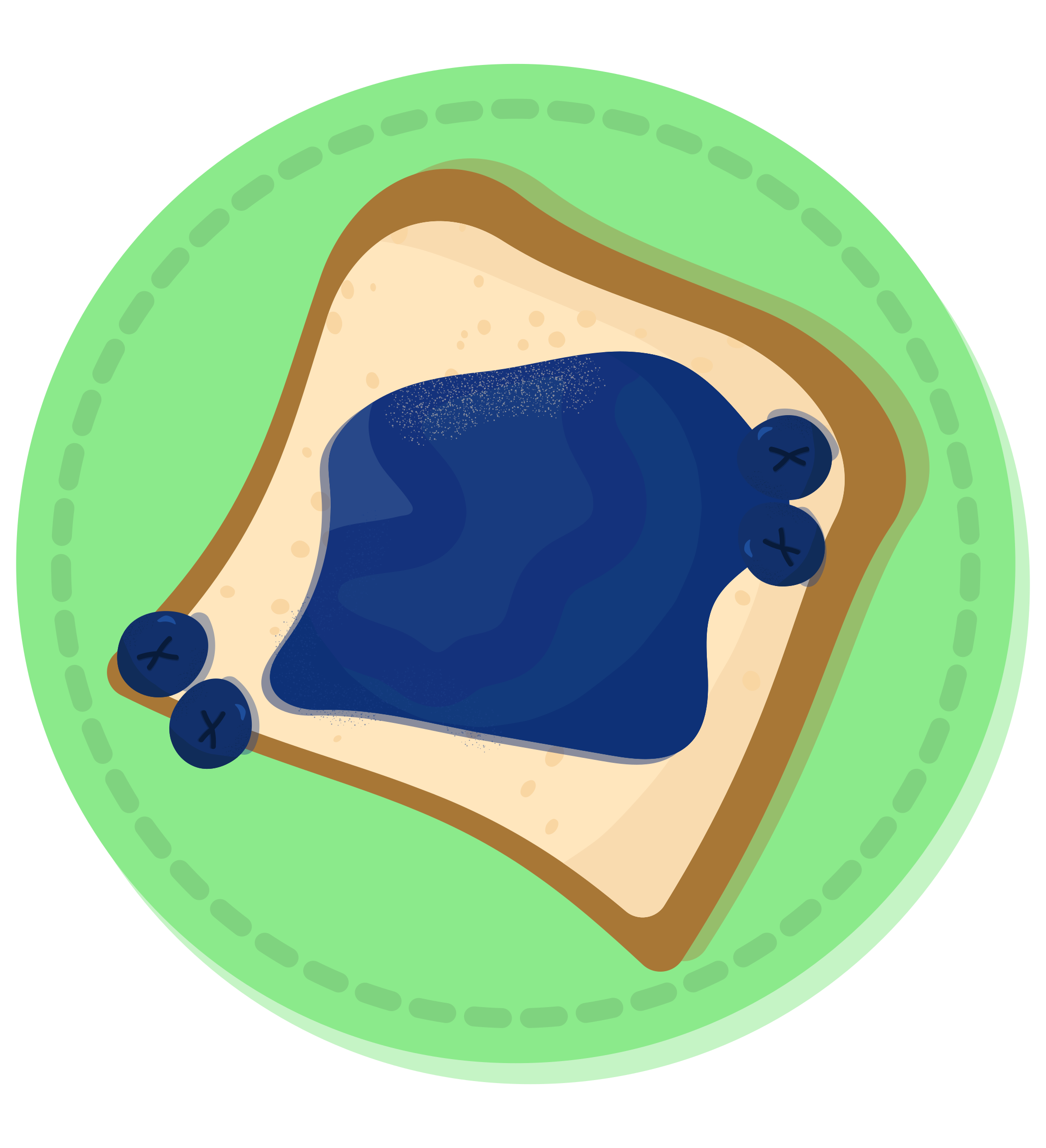 Toast with blueberry jam and blueberries on plate