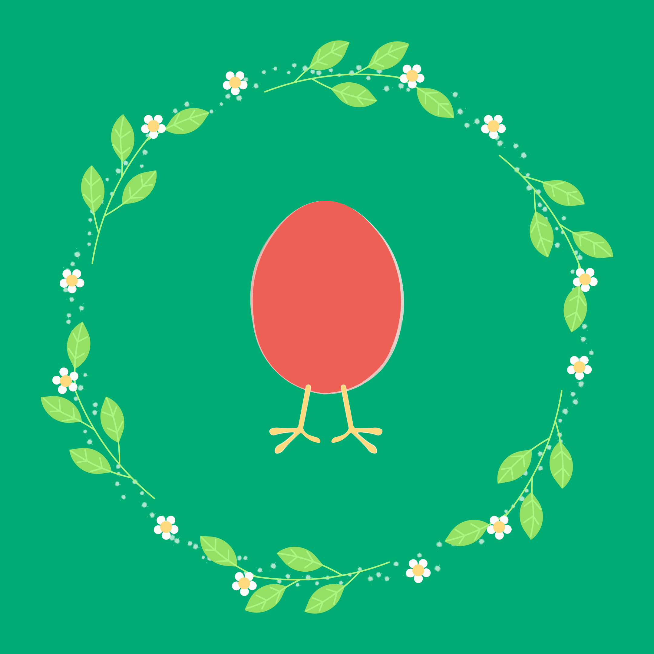 Red egg with legs inside a floral wreath