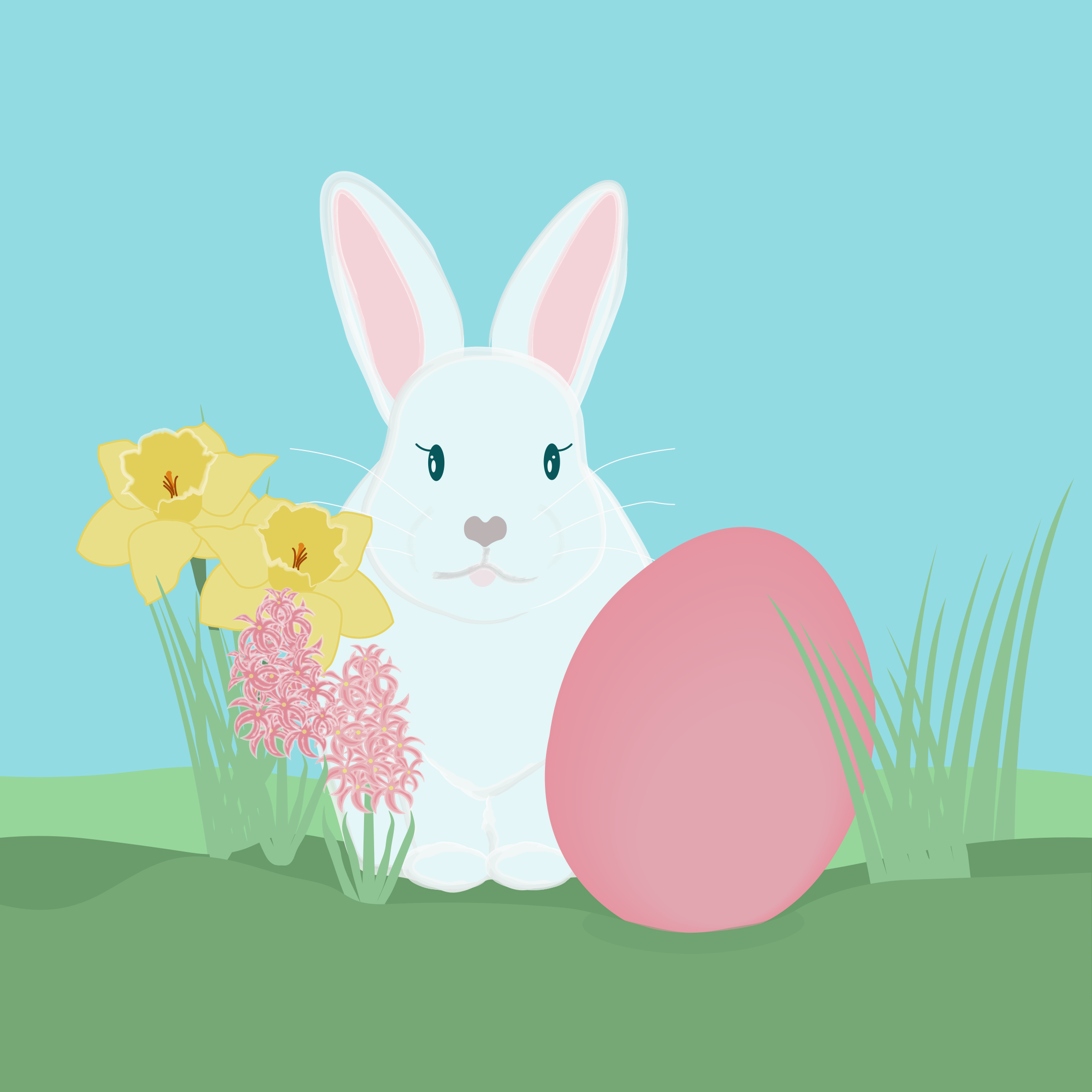 A white rabbit sits with a pink egg and flowers.