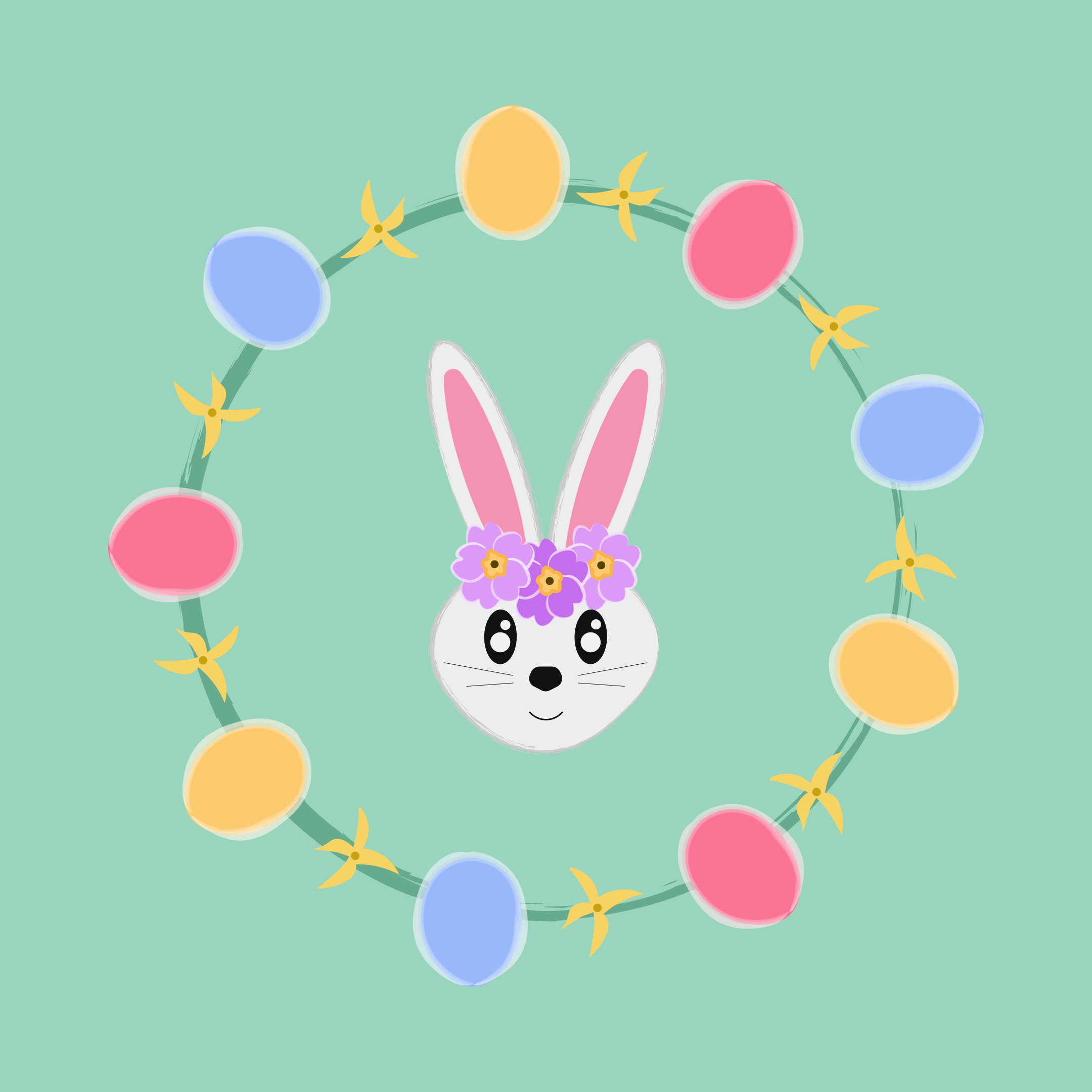 Easter bunny with colorful eggs and floral wreath