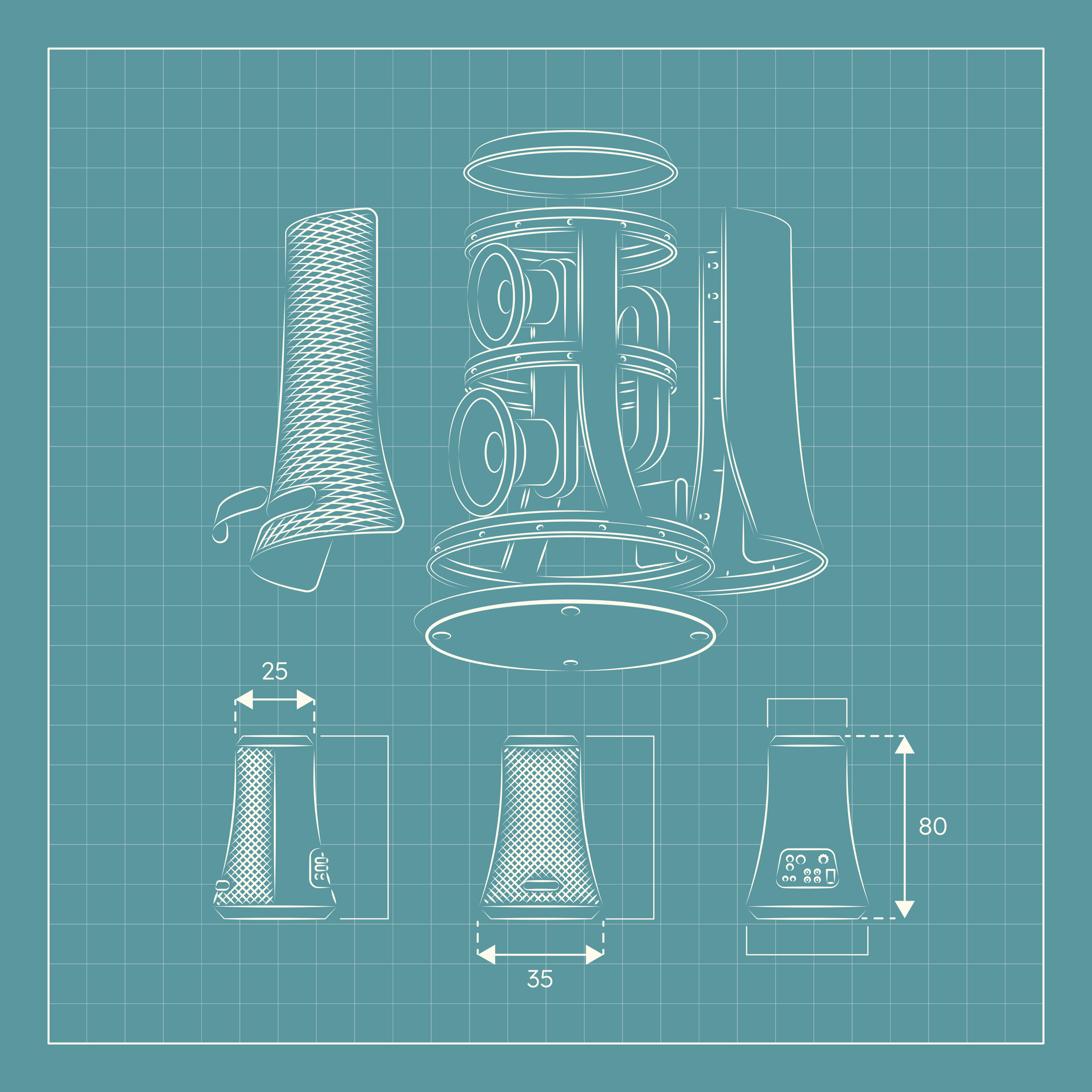 Blueprint of a speaker with dimensions and without casing