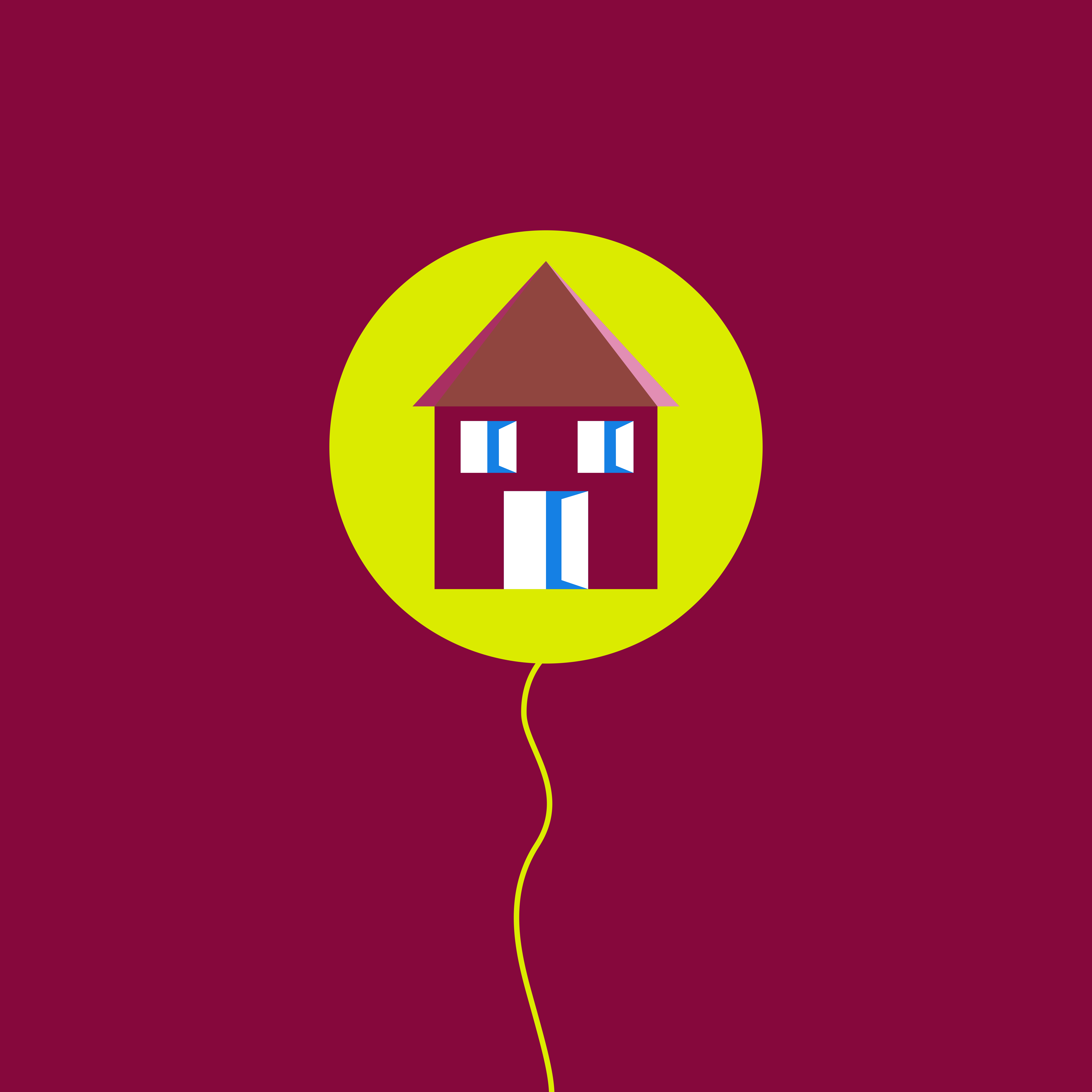 A stylized house on a yellow balloon