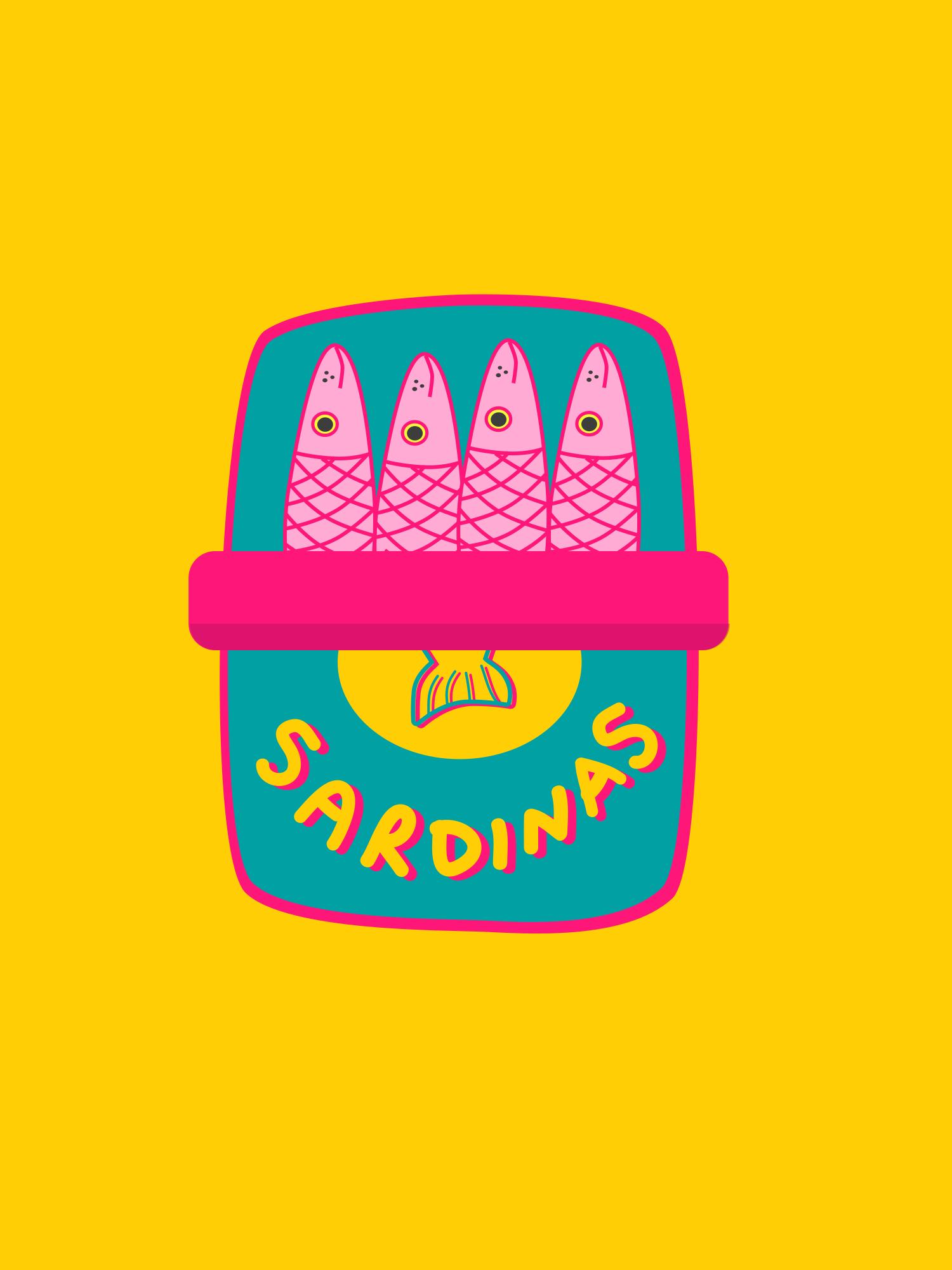 Four pink sardines in a teal can labeled "sardinas"