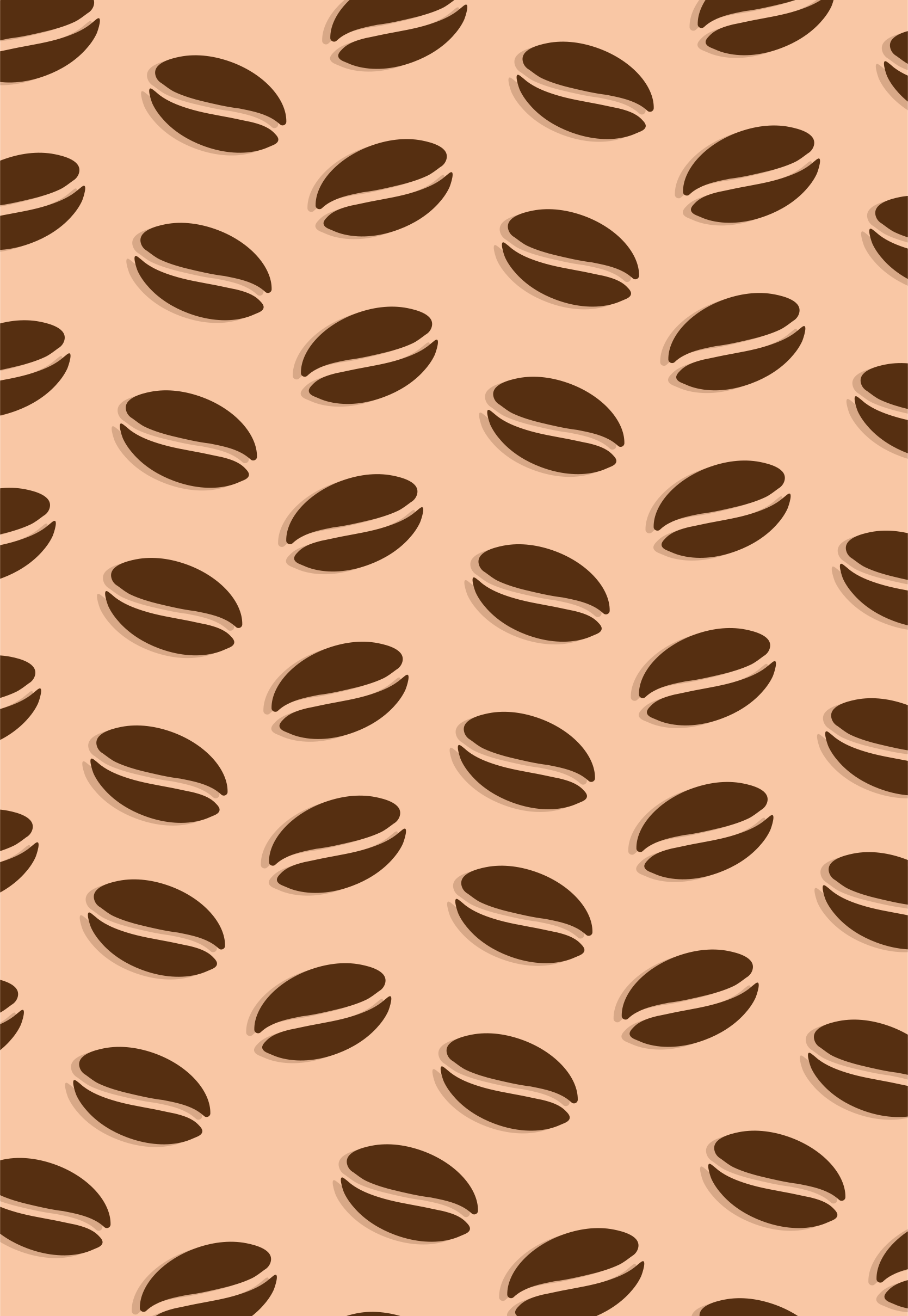 Brown coffee beans scattered on a light brown background.