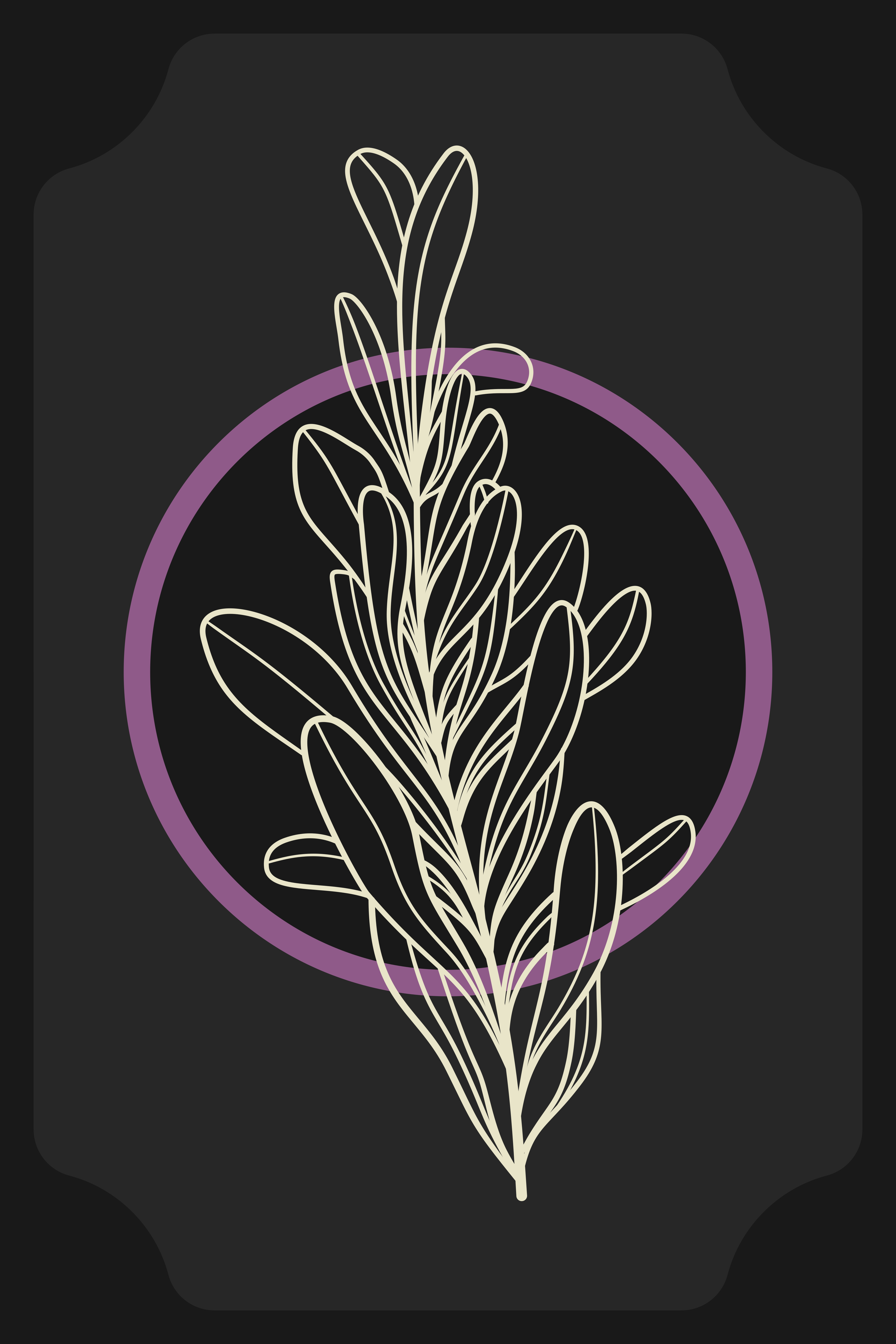 Arte lineal de um ramo de planta dentro de um círculo roxo.