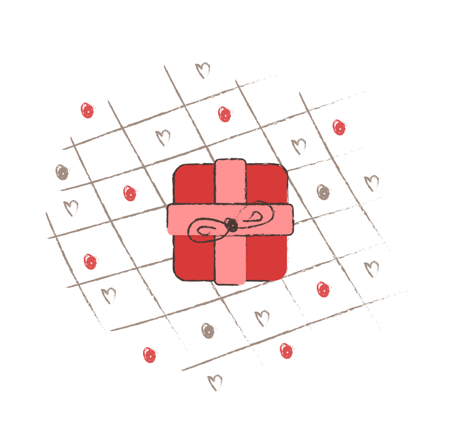 A red gift box with a pink ribbon and bow.