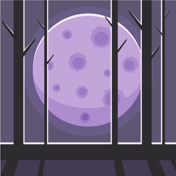 Purple moon seen through silhouetted trees