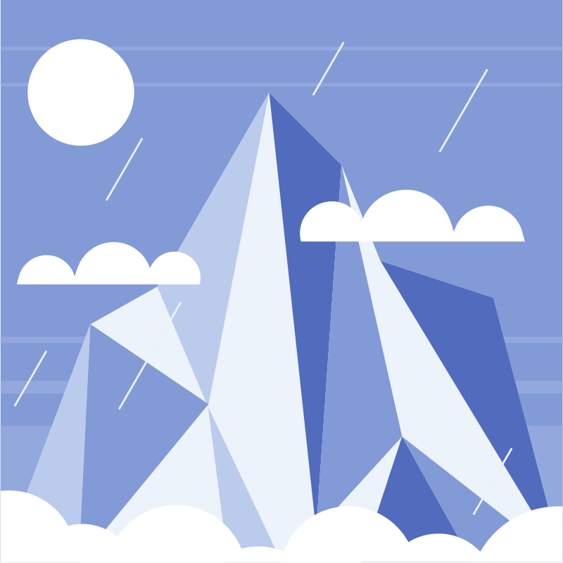 Geometric mountain peak with clouds and sun