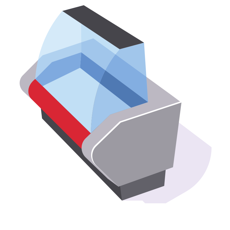 Una vitrina moderna refrigerada con un acento rojo.