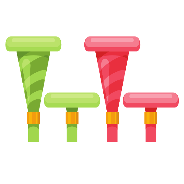 Four party blowers in green and red