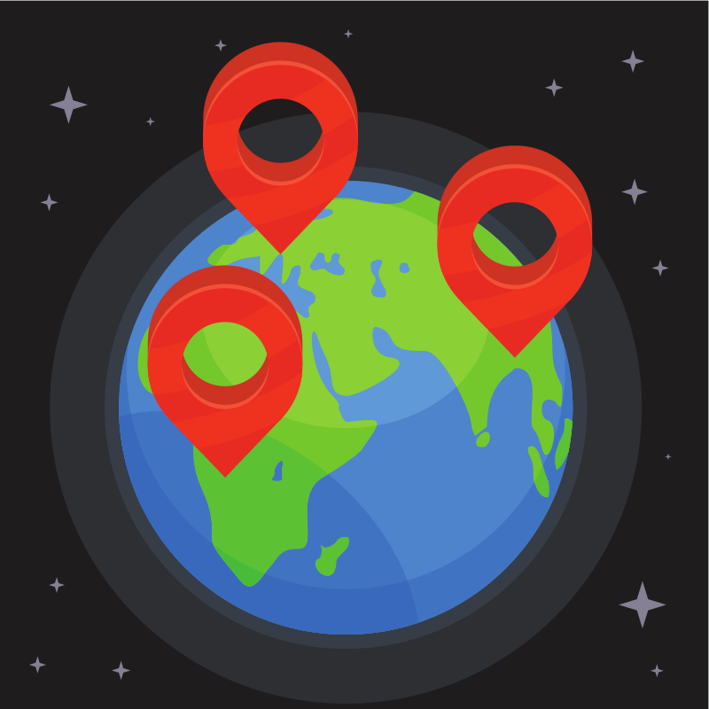 Tres pines rojos de mapa sobre una tierra estilizada.