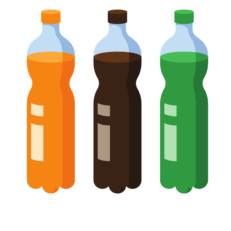 Tres botellas de refresco coloridas con etiquetas en blanco.