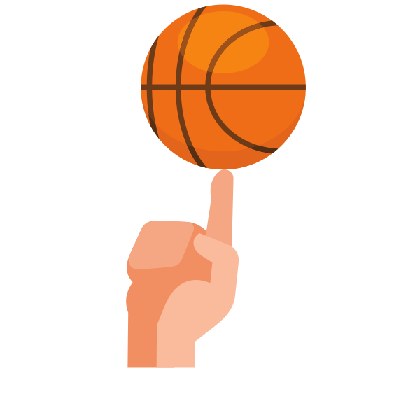 Una mano equilibrando un balón de baloncesto en un dedo.