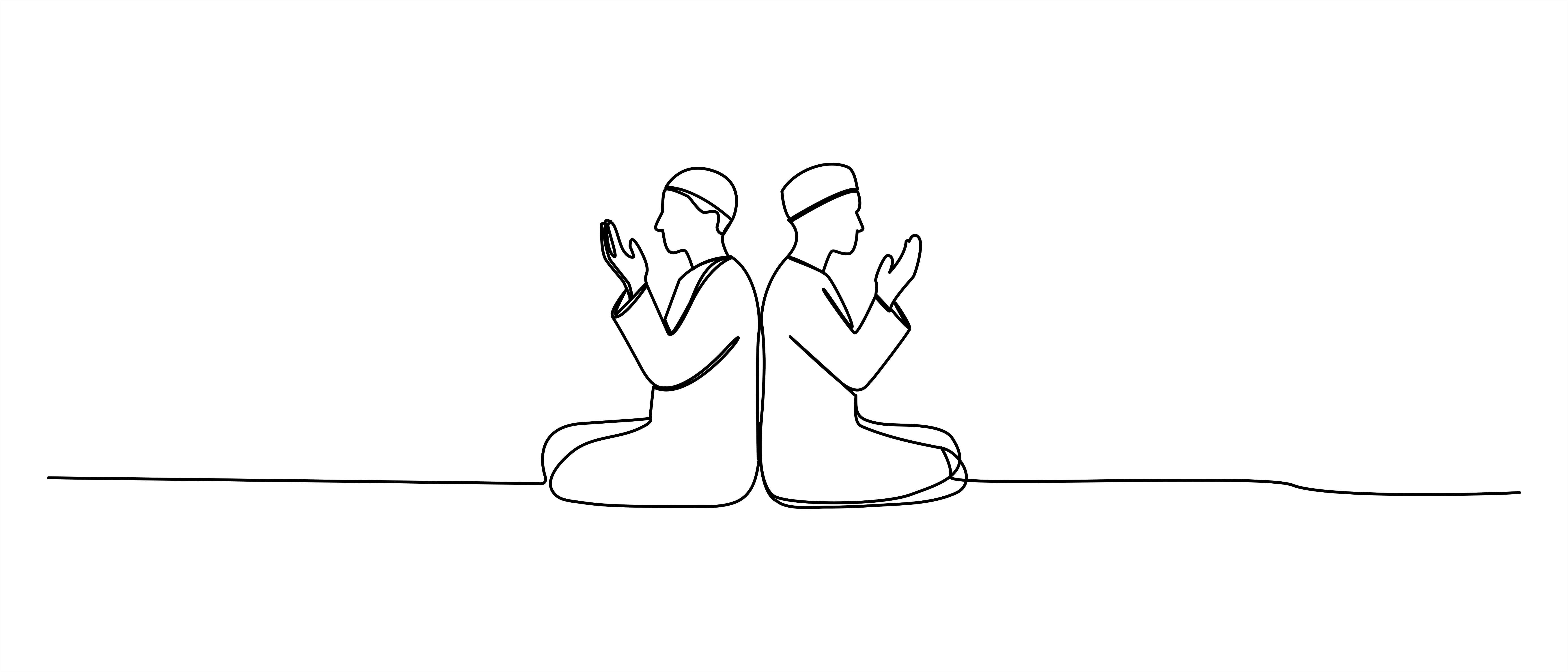 Two men praying back to back in traditional clothing.