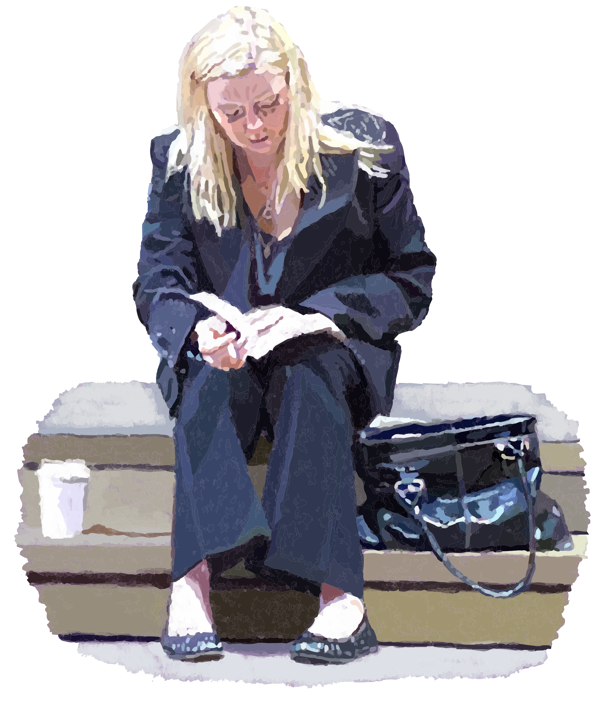 Woman in suit reading a book on a bench.