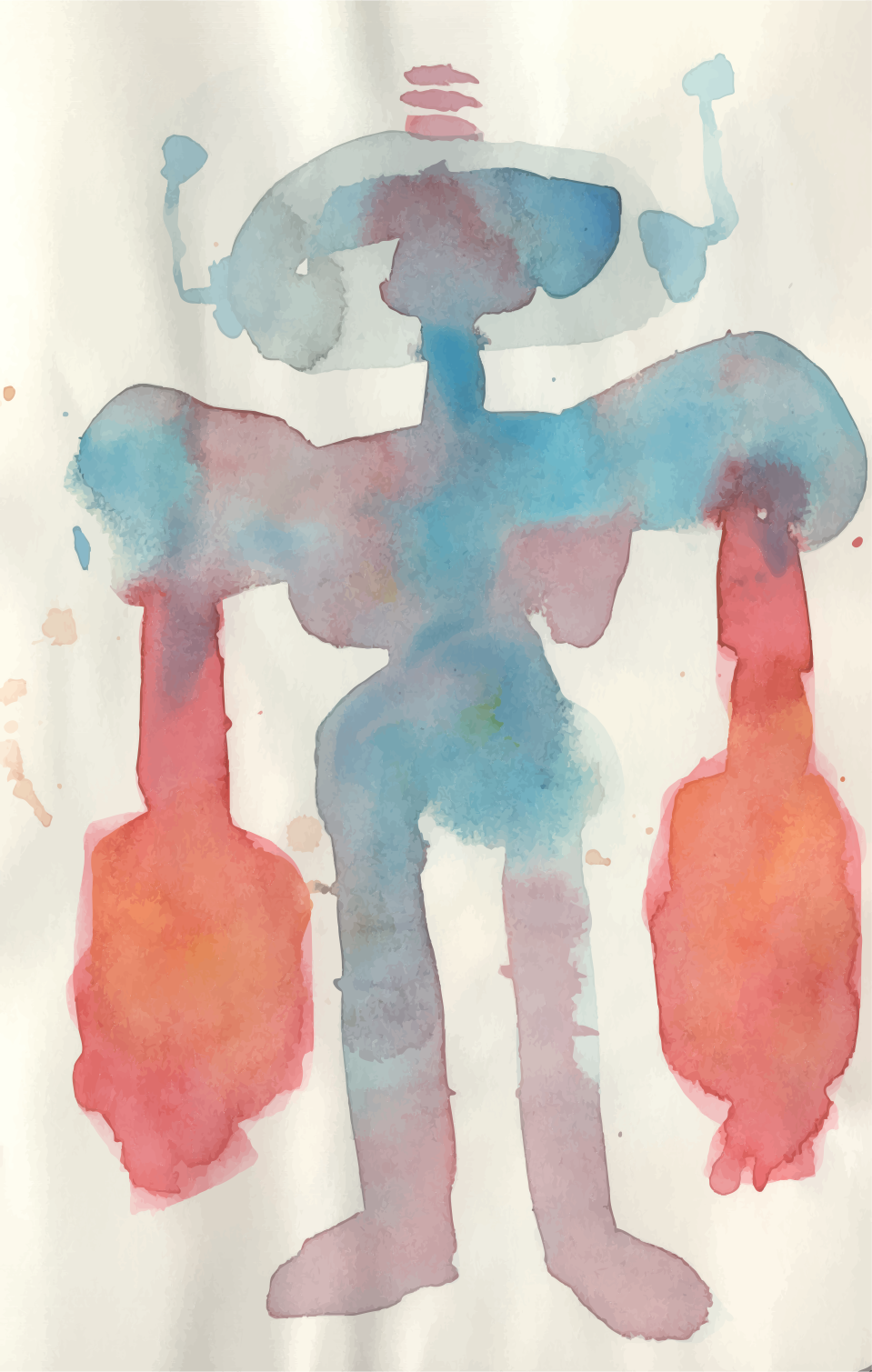 Watercolor painting of a robot with blue and pink hues