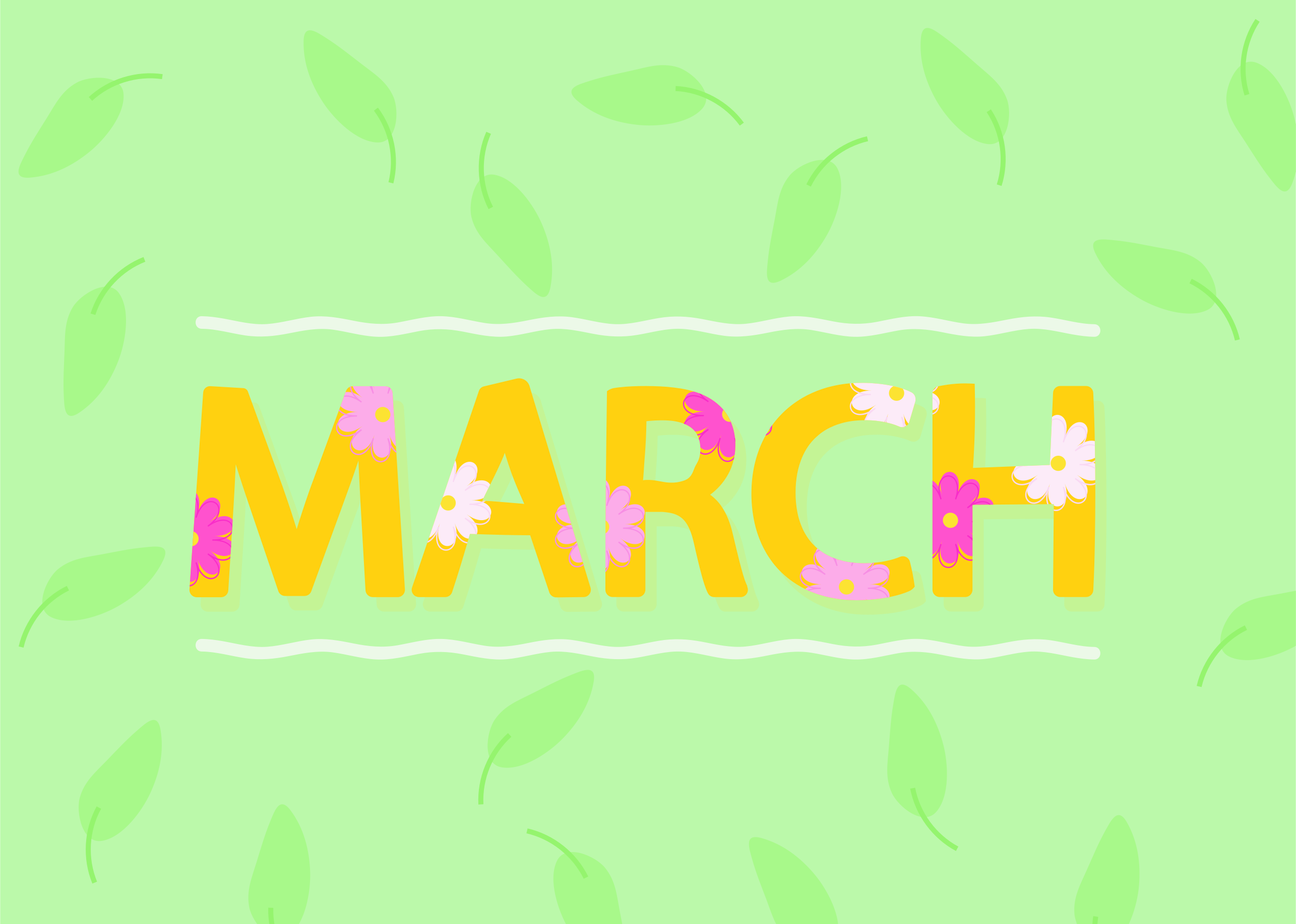 The word march with floral accents on green background