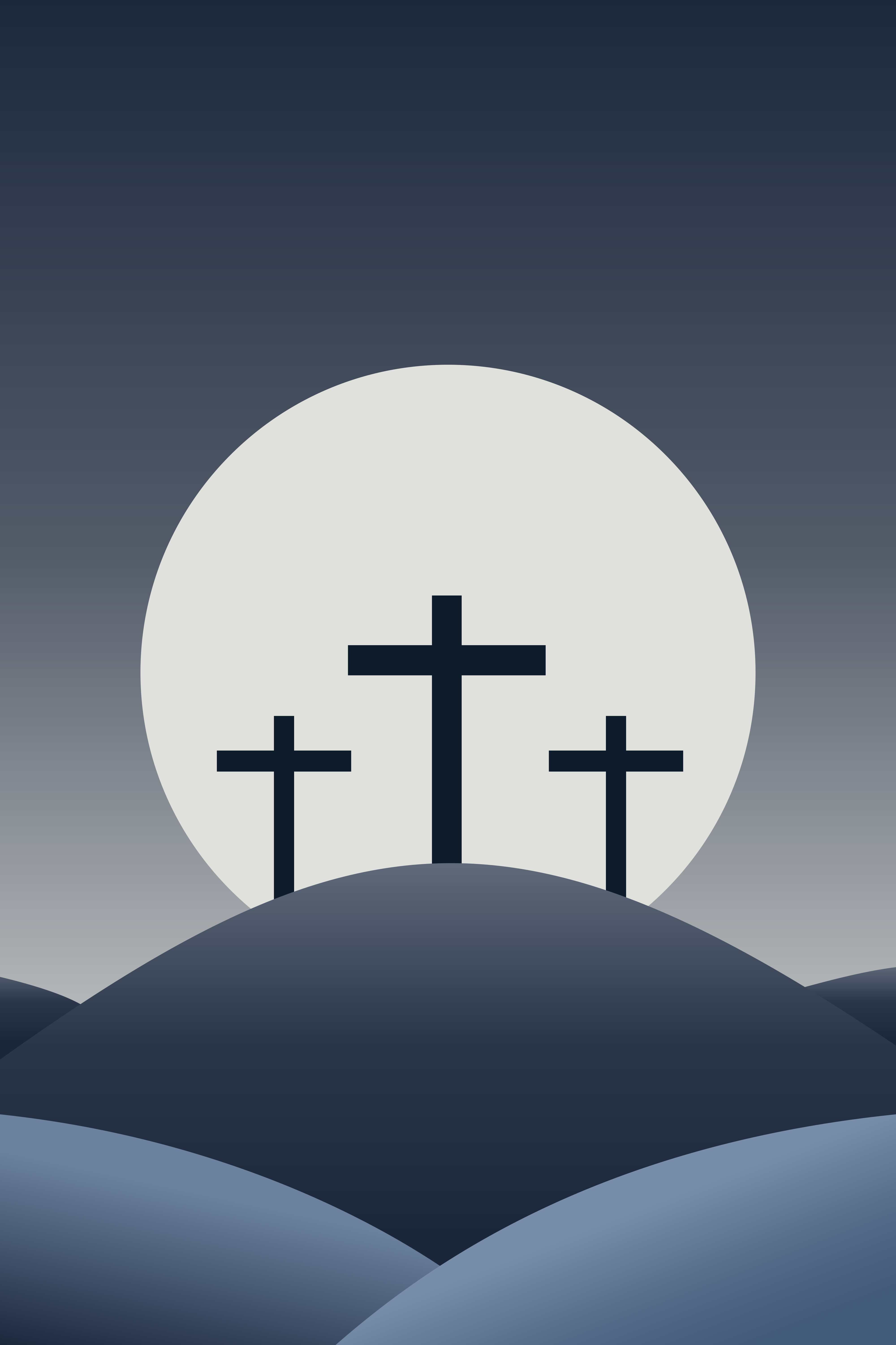 Três cruzes em uma colina ao entardecer