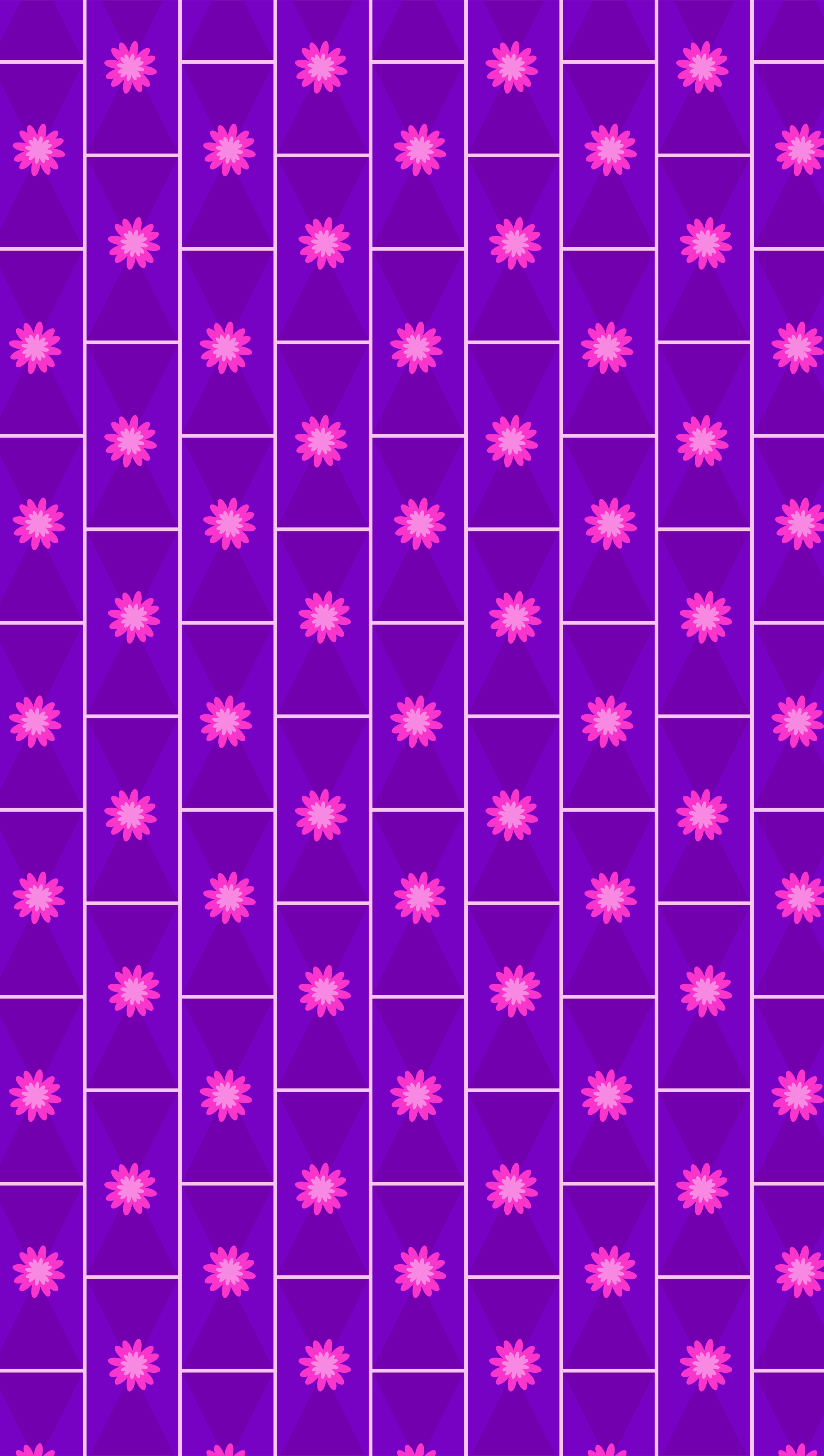 Patrón repetitivo de flores rosas sobre rectángulos morados.