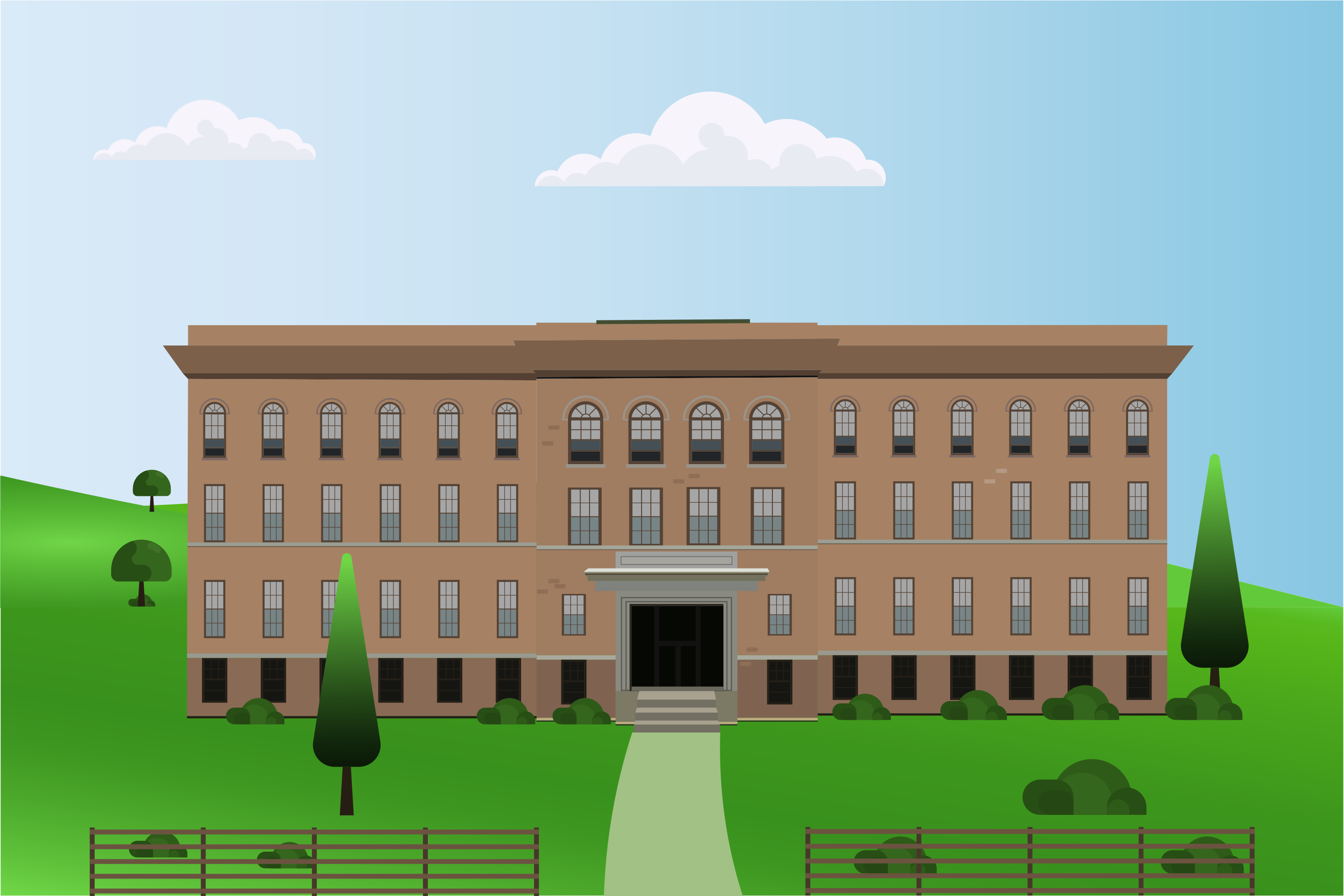 Un gran edificio de ladrillo con césped verde y árboles