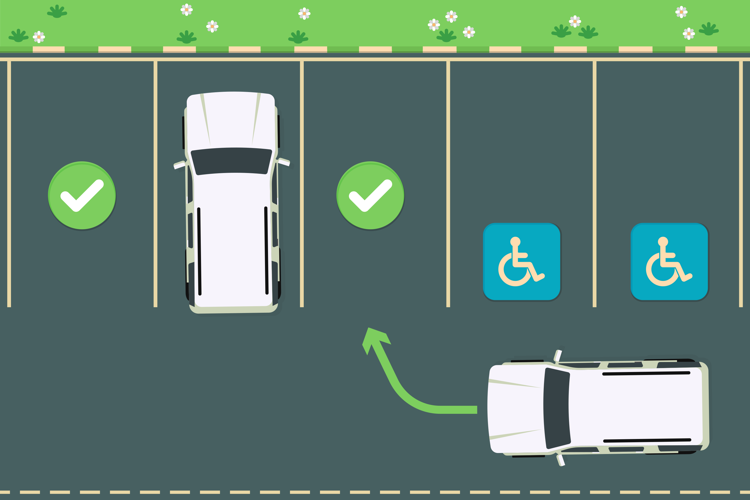 Un coche blanco aparca en una plaza para discapacitados.