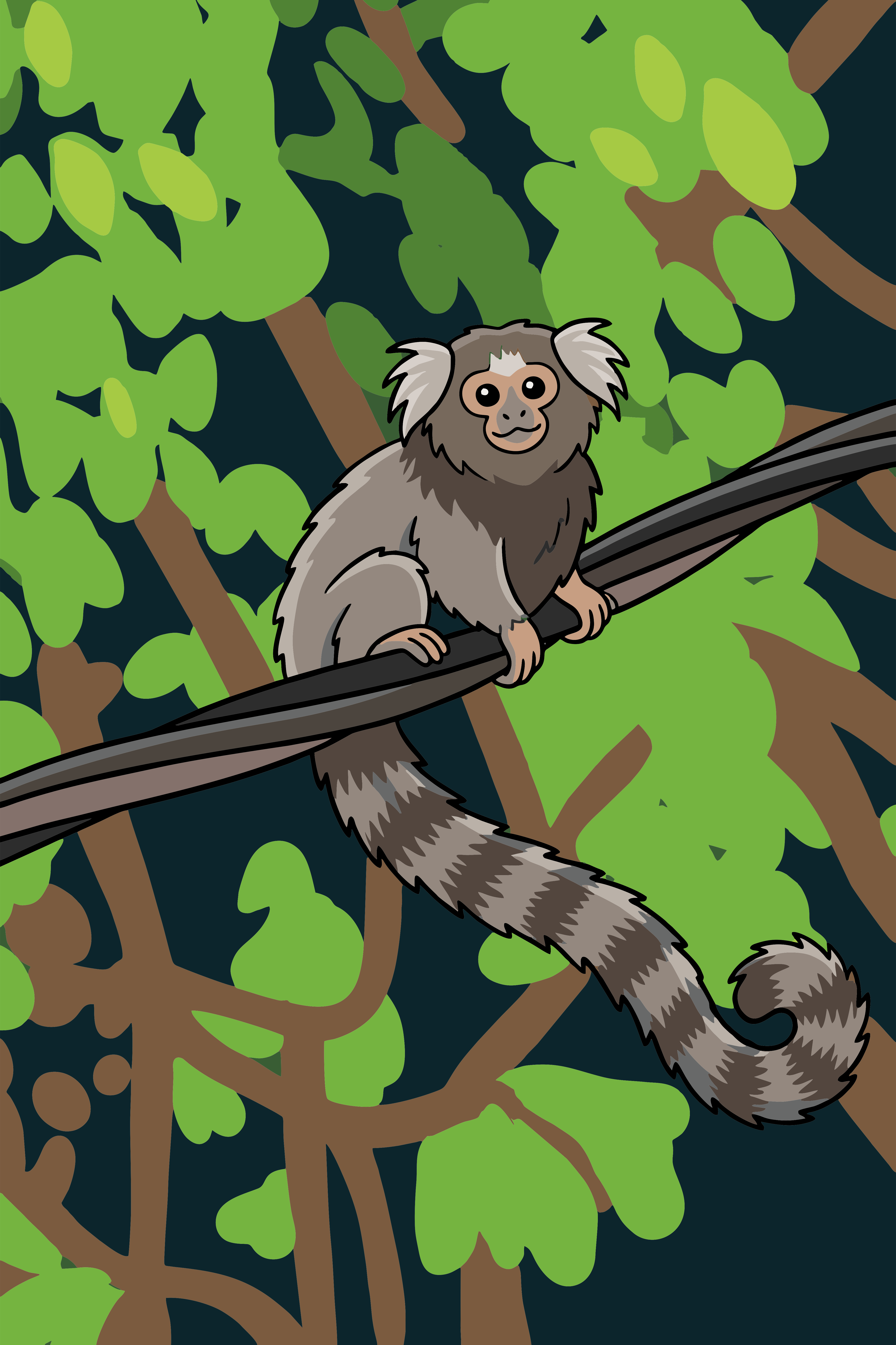 Um pequeno macaco está sentado em um galho na floresta.