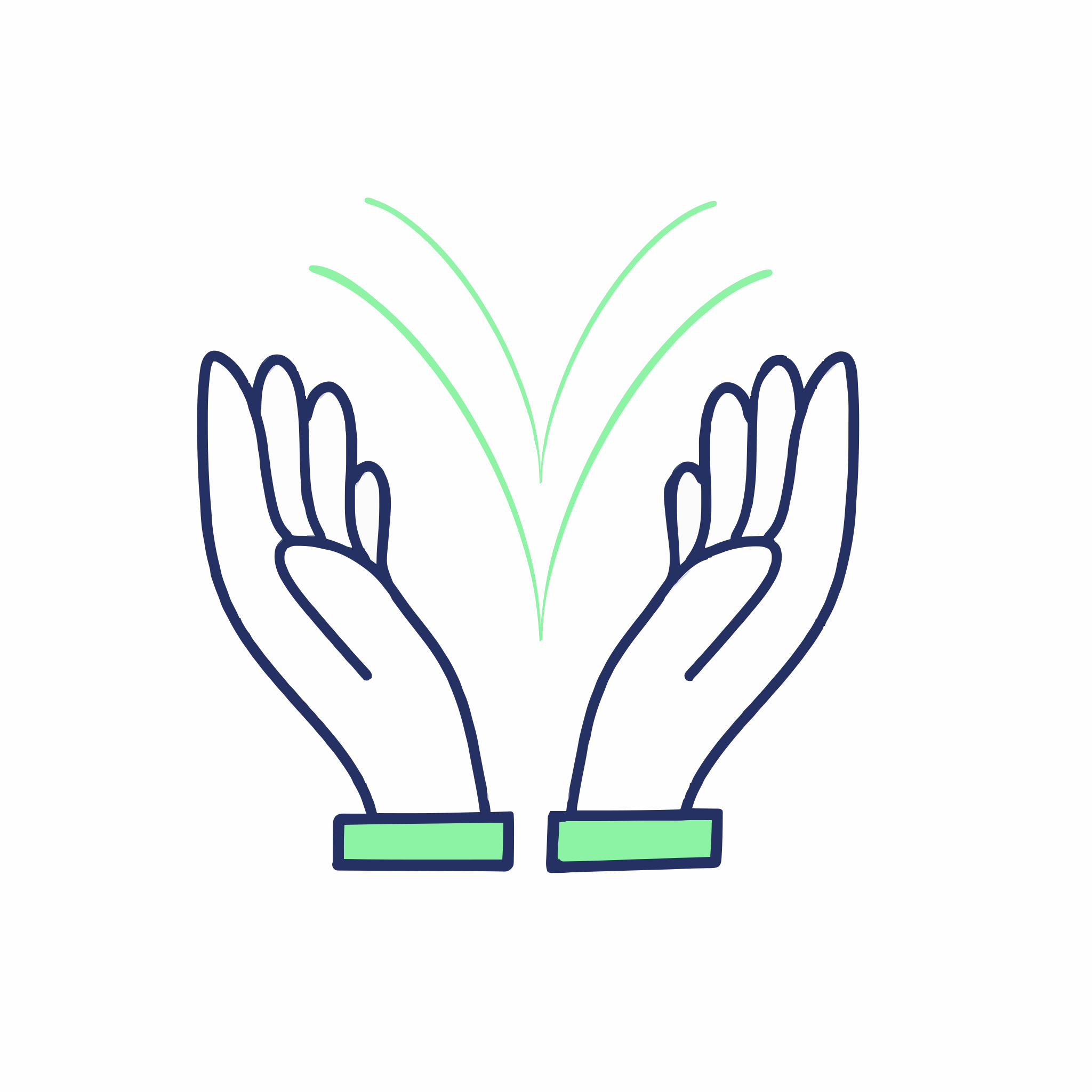 Two hands reaching upwards with green lines.
