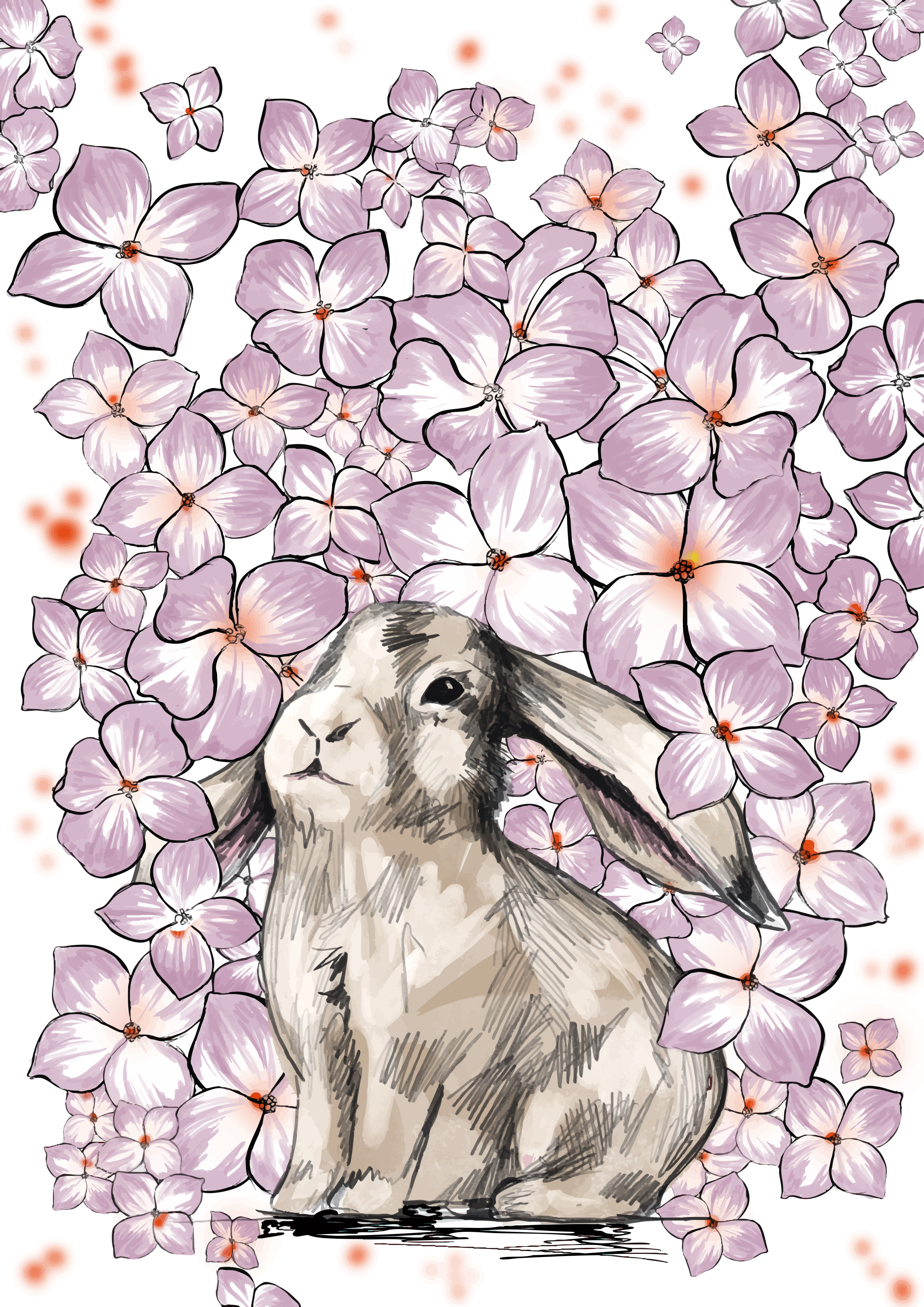 Un lapin duveteux est assis entouré de délicates fleurs roses.