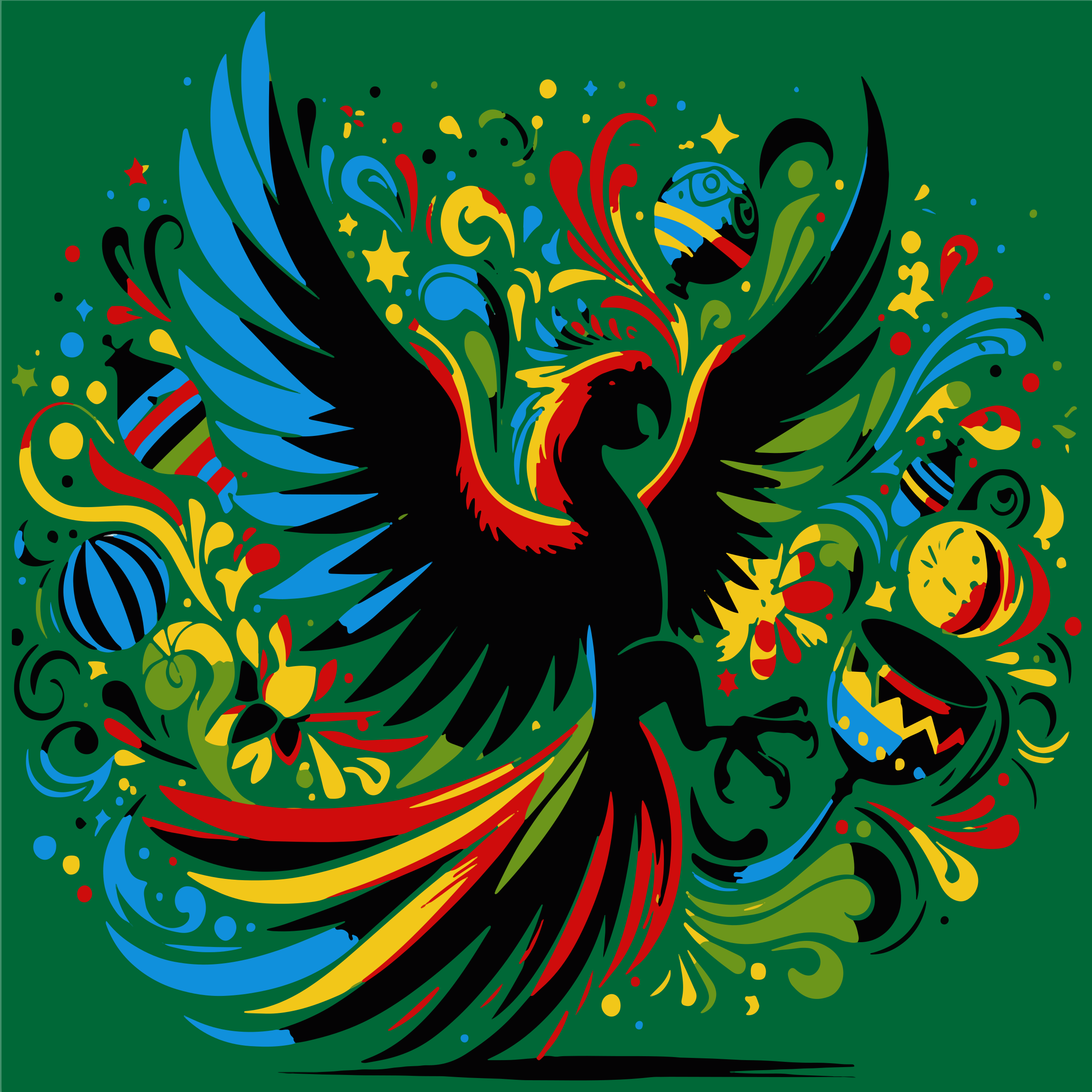 A stylized black bird with colorful wings and tail feathers.
