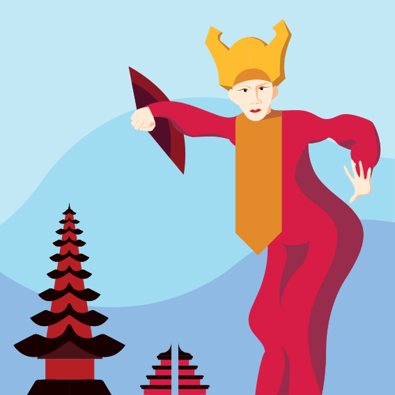 Balinese dancer in traditional costume with temple background