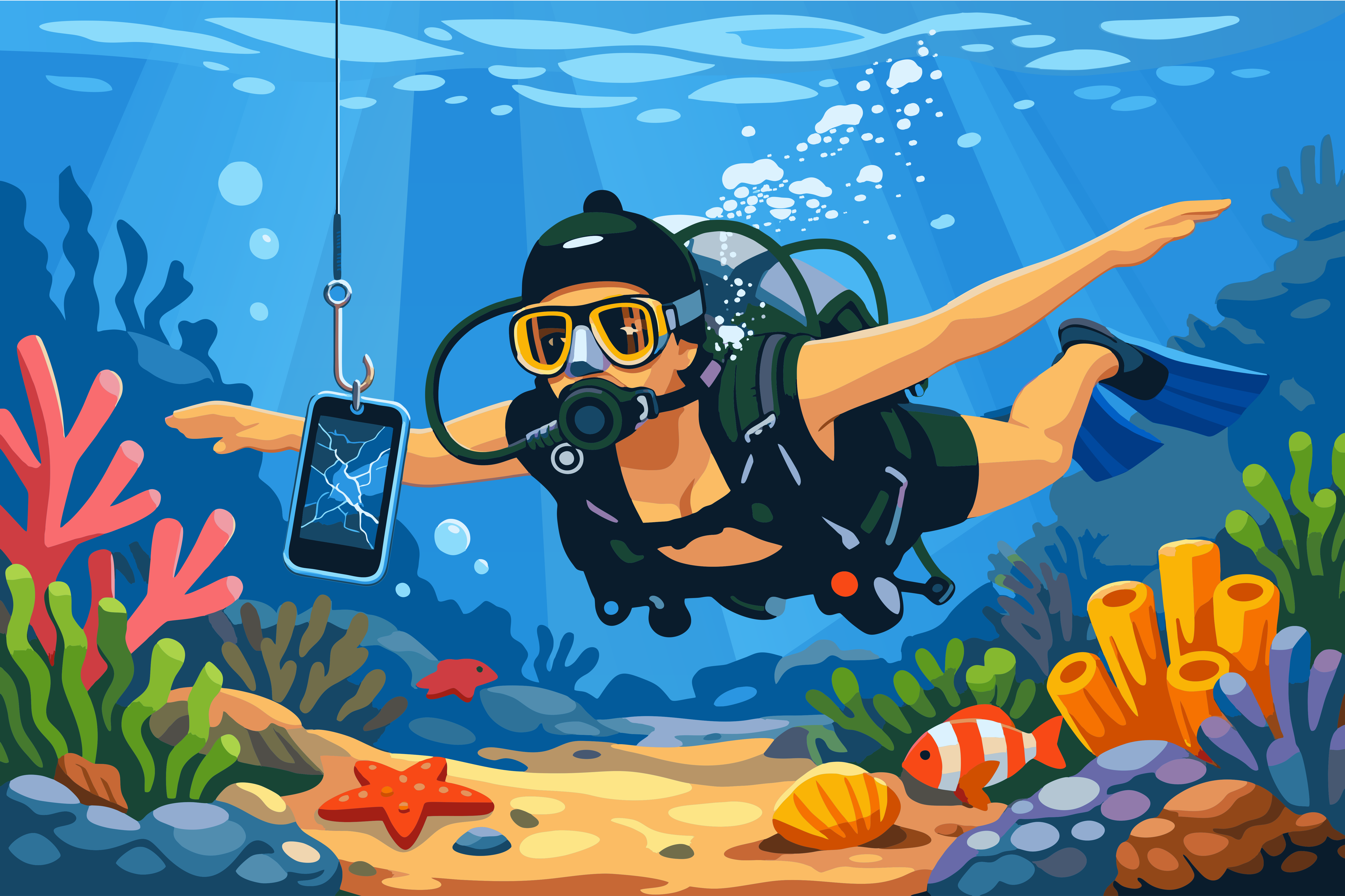 Scuba diver finds broken smartphone on ocean floor.