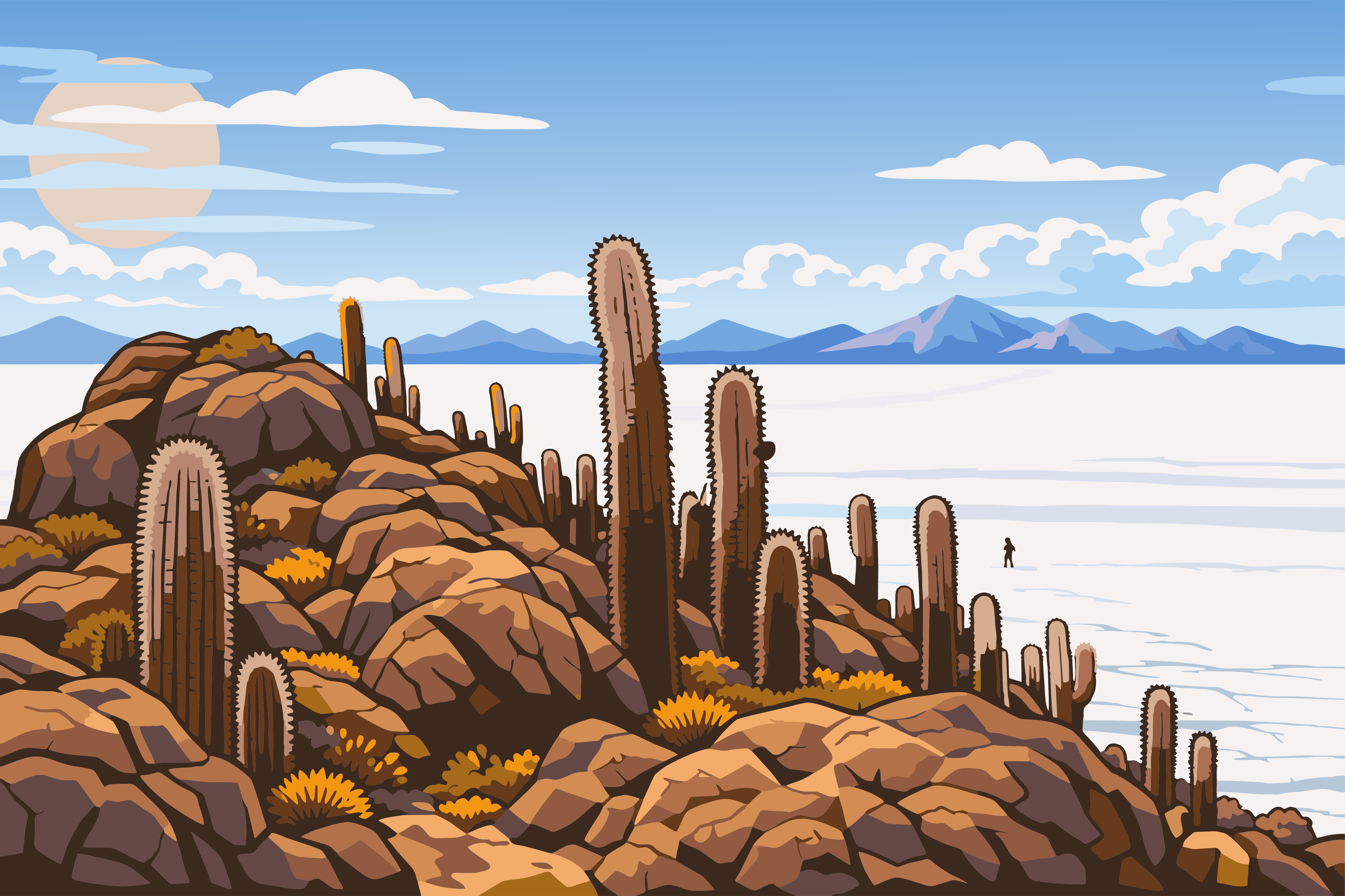 De grands cactus sur une île rocheuse dans un vaste désert blanc