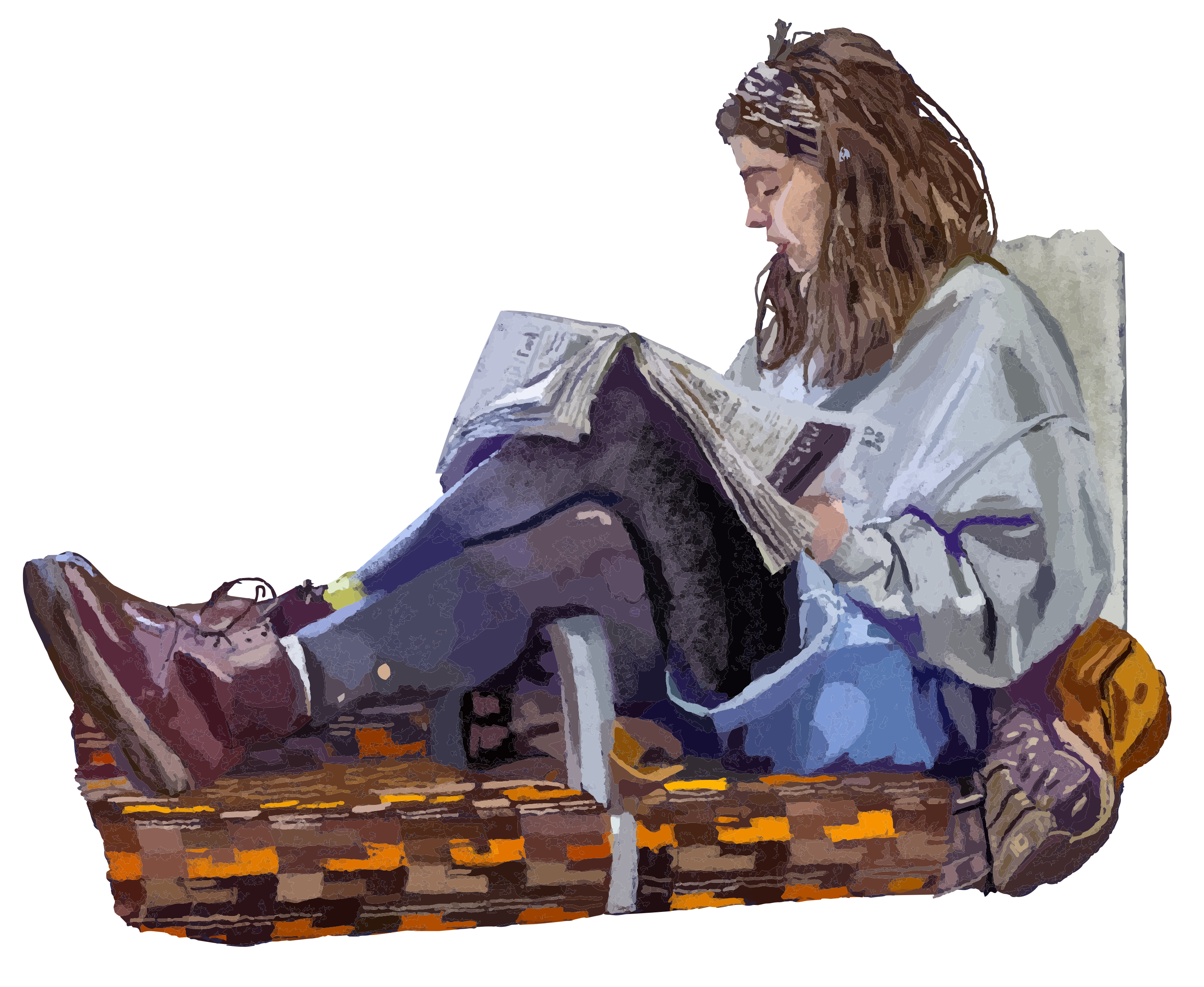 A young woman reading a newspaper while sitting.