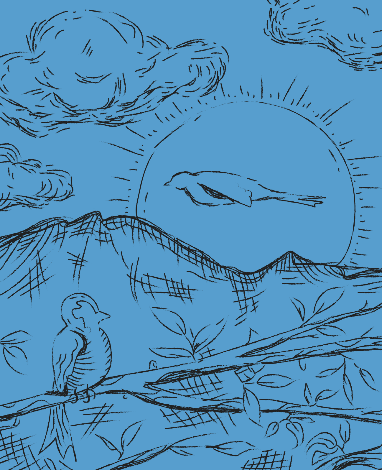 A bird sits on a branch with mountains and sun.