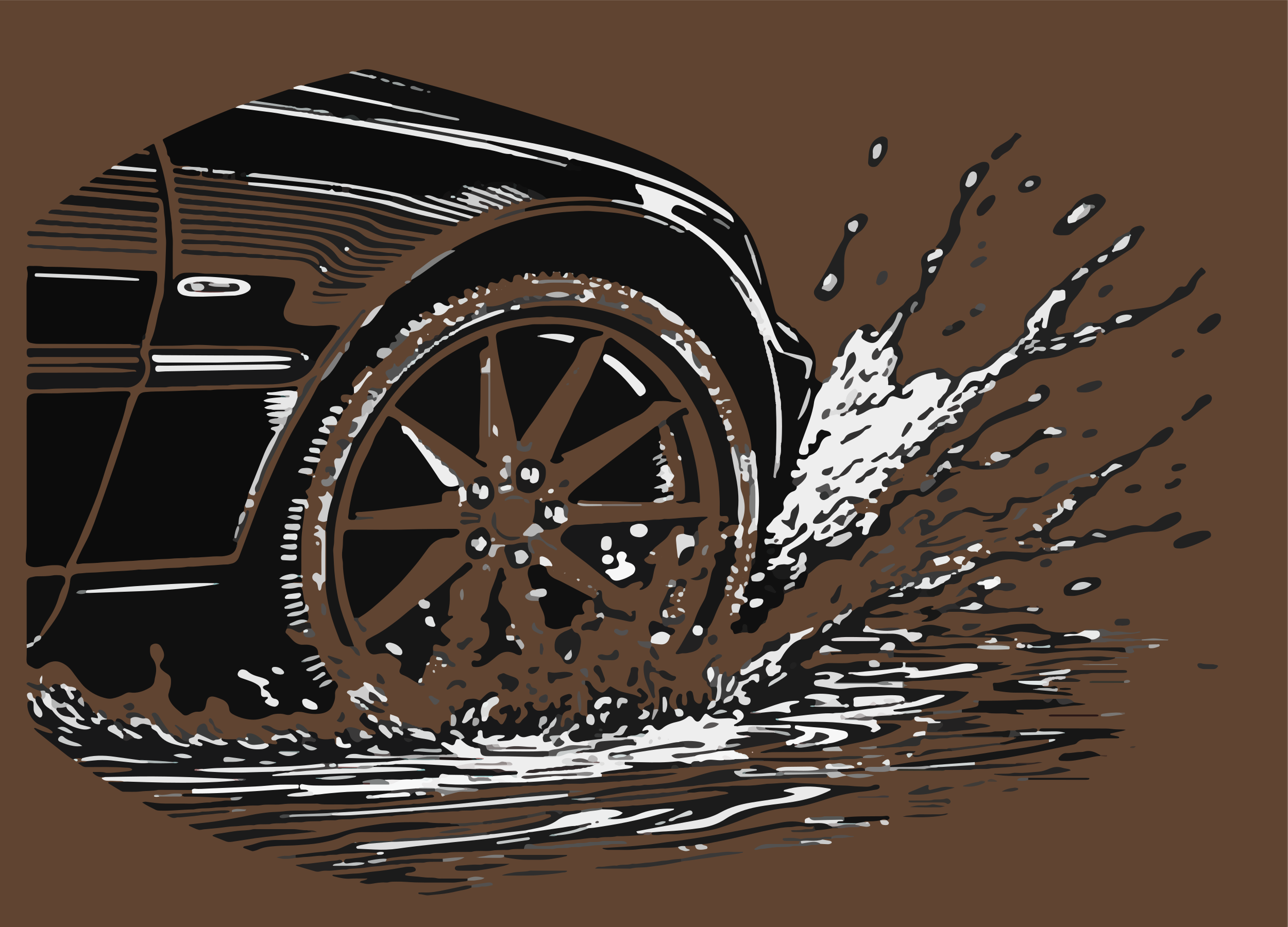 Un pneu de voiture éclaboussant dans de l’eau boueuse