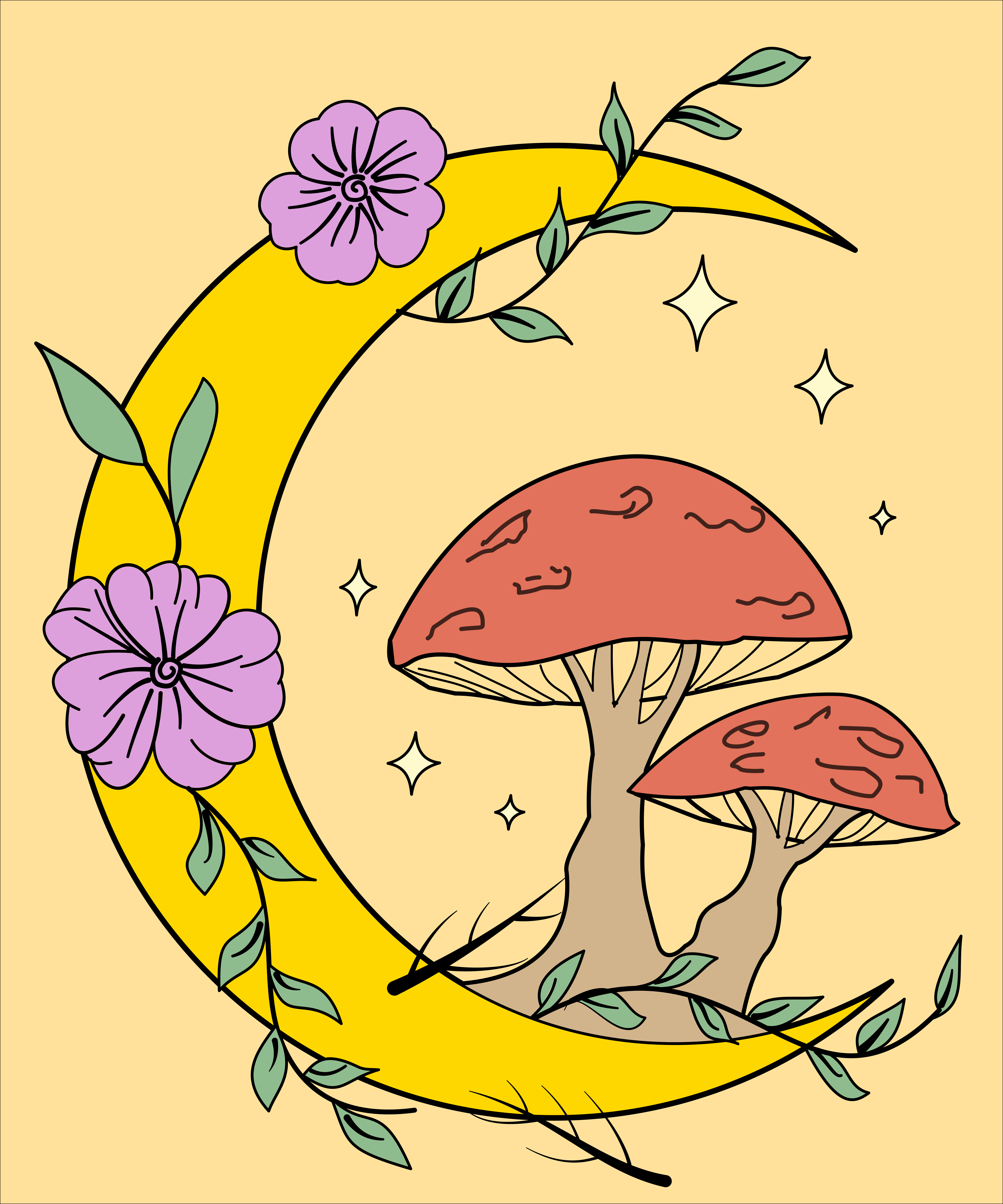 Crescent moon with mushrooms and flowers