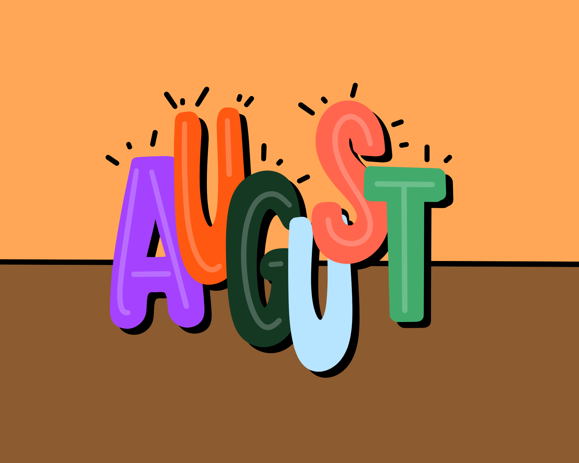 Colorful lettering spells out the word august