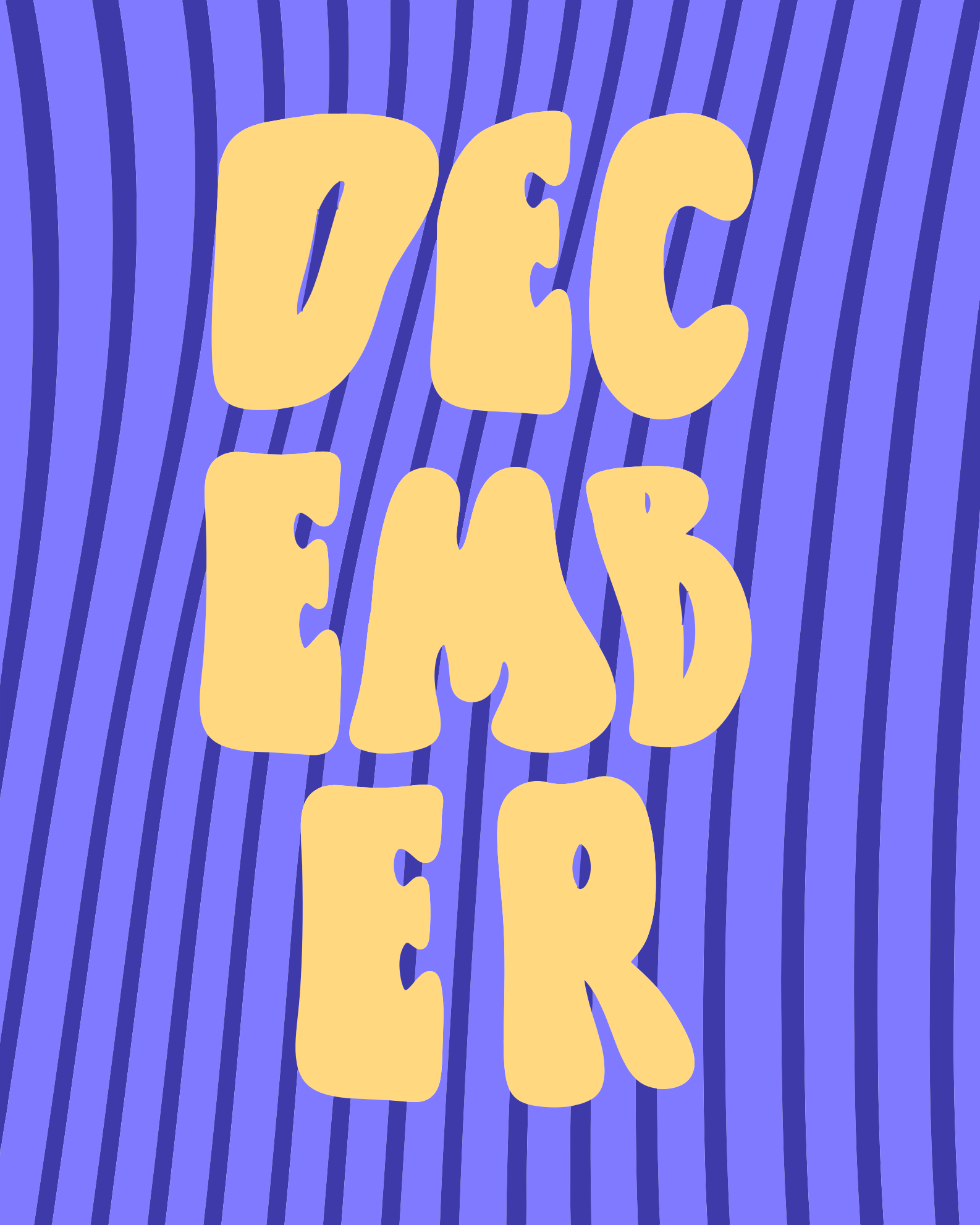 紫色のストライプ背景に黄色い文字「december」