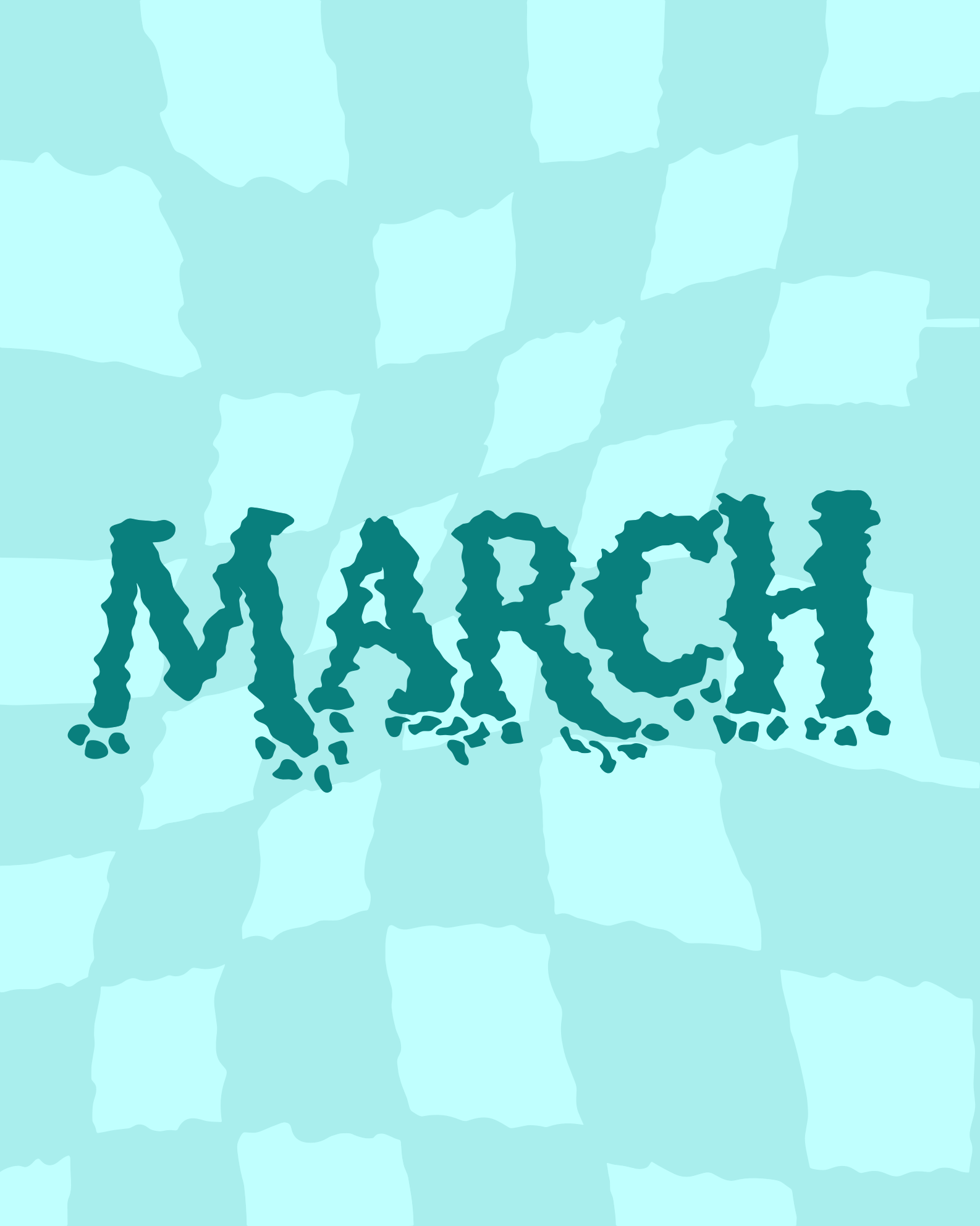 The word march in teal on a checkered background